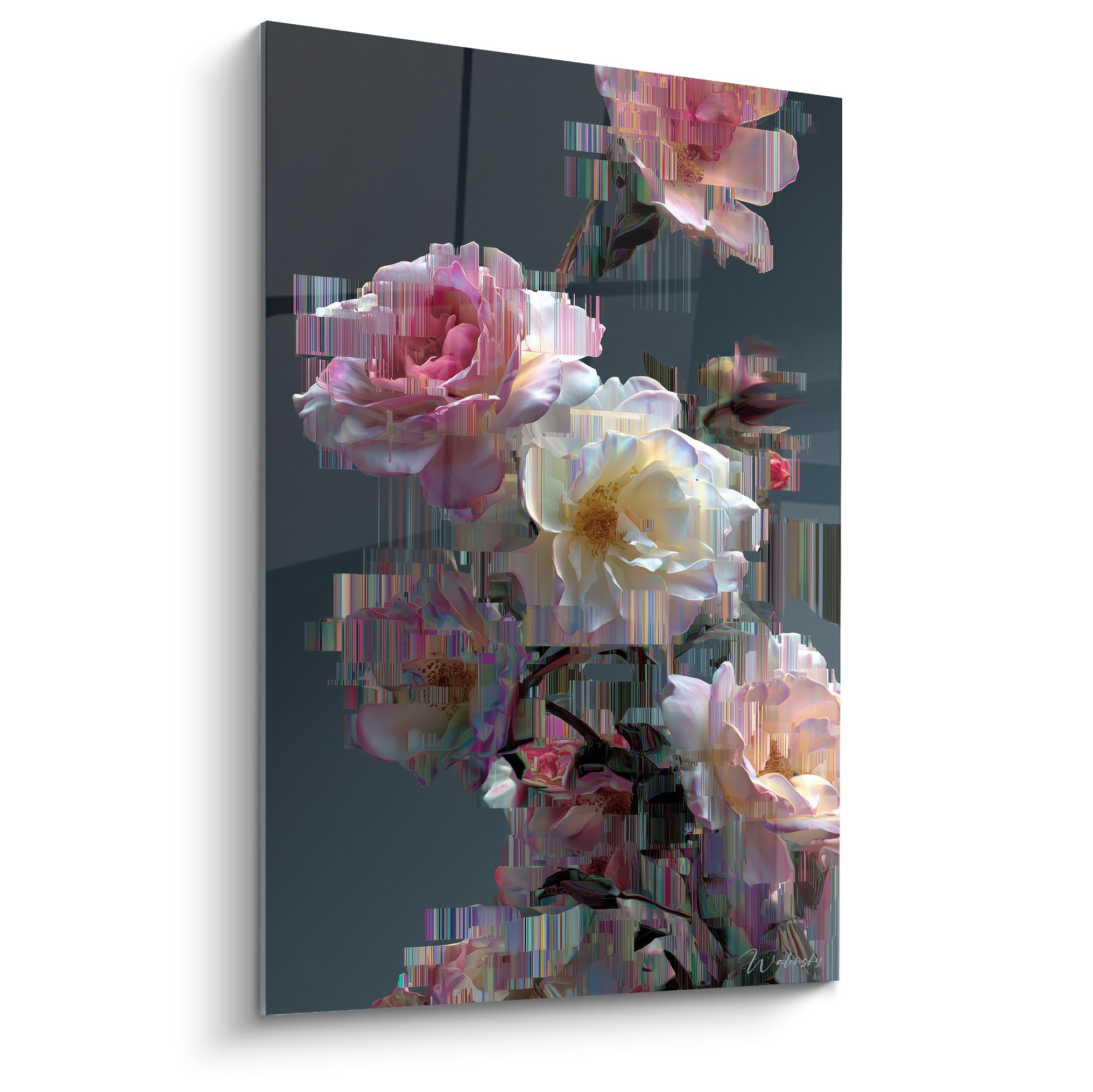 Bouquet de roses roses et blanches fragmenté en pixels colorés sur fond anthracite, style Cyberpunk