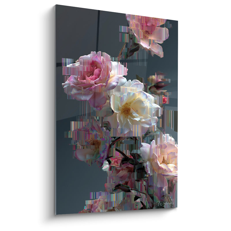 Tableau Roses roses et blanches en pixels glitch - Fleurs en fragmentation - Edition Cyberpunk