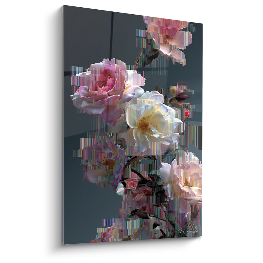 Pink and White Roses in Glitch Pixels - Fragmented Flowers - Cyberpunk Edition