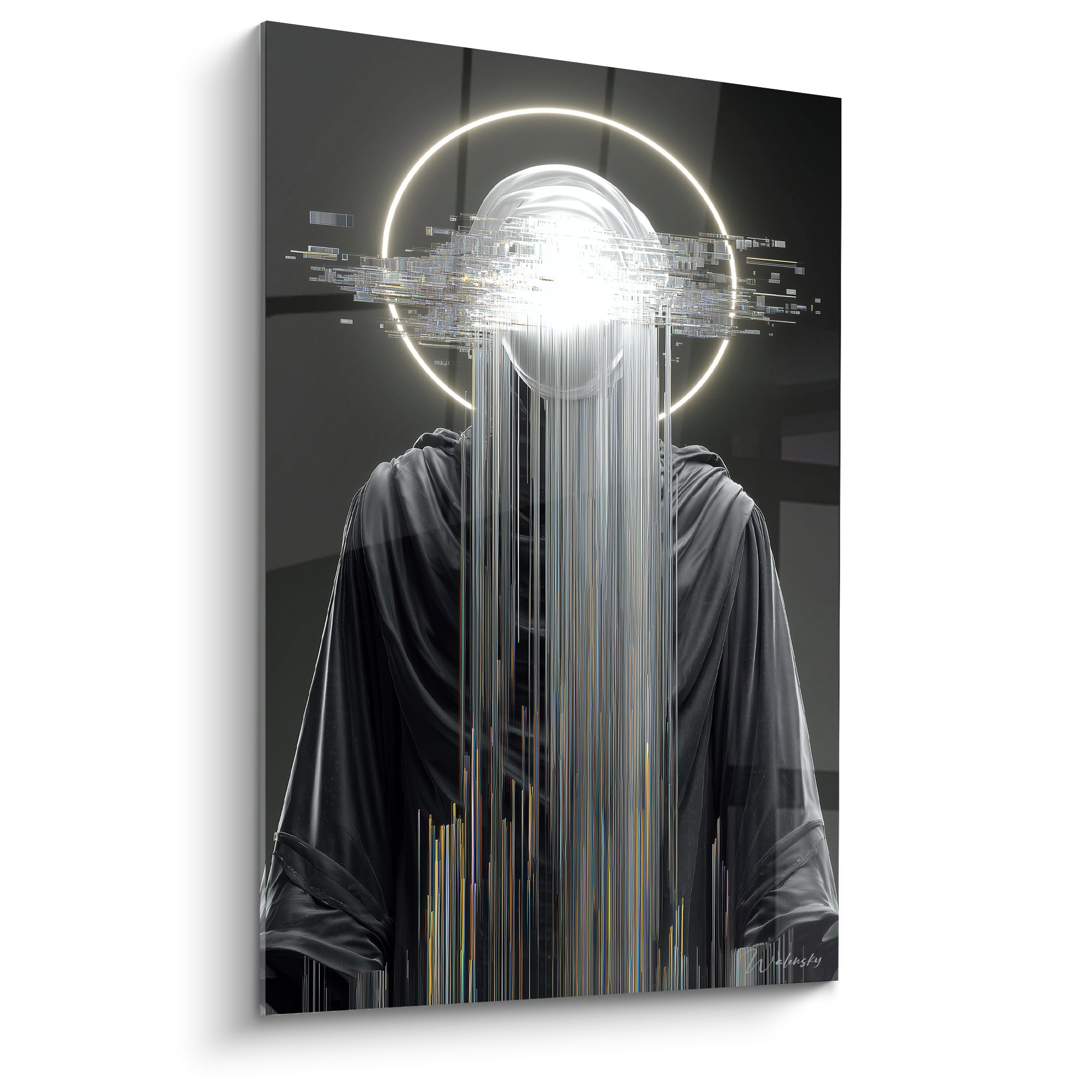Silhouette Cyberpunk anthracite au visage dissous en filaments blancs sous un halo doré