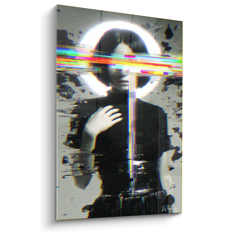 Tableau Silhouette noire et blanche au bandeau arc-en-ciel horizontal - Main levée sur poitrine - Edition Cyberpunk