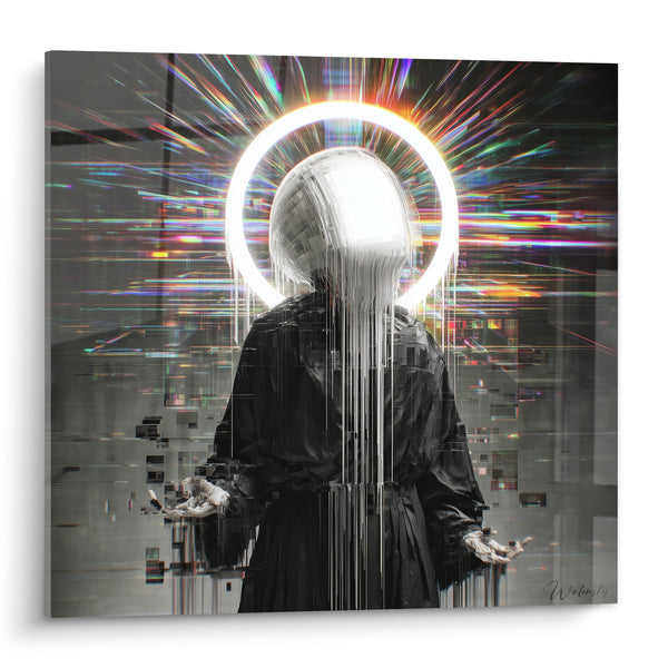 Cuadro Silueta con Capucha y Halo Blanco Radiante - Disolución Digital - Edición Cyberpunk