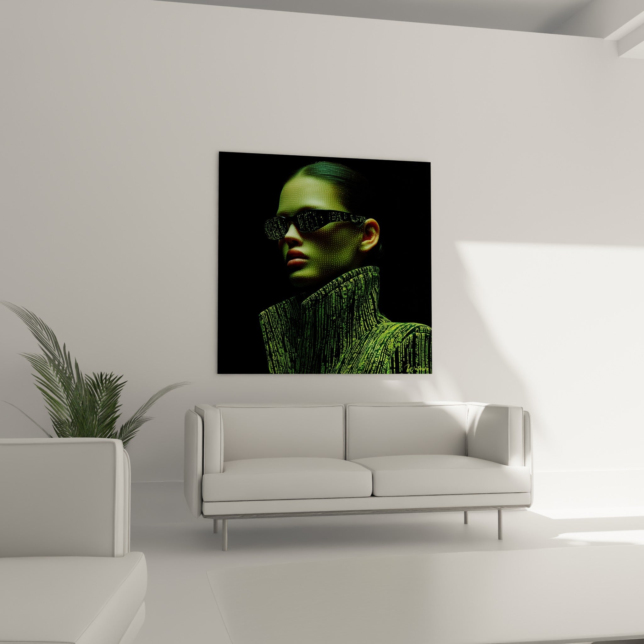 Silhouette lumineuse vert fluo du tableau Cyberpunk, au-dessus d'un canapé dans un salon lumineux
