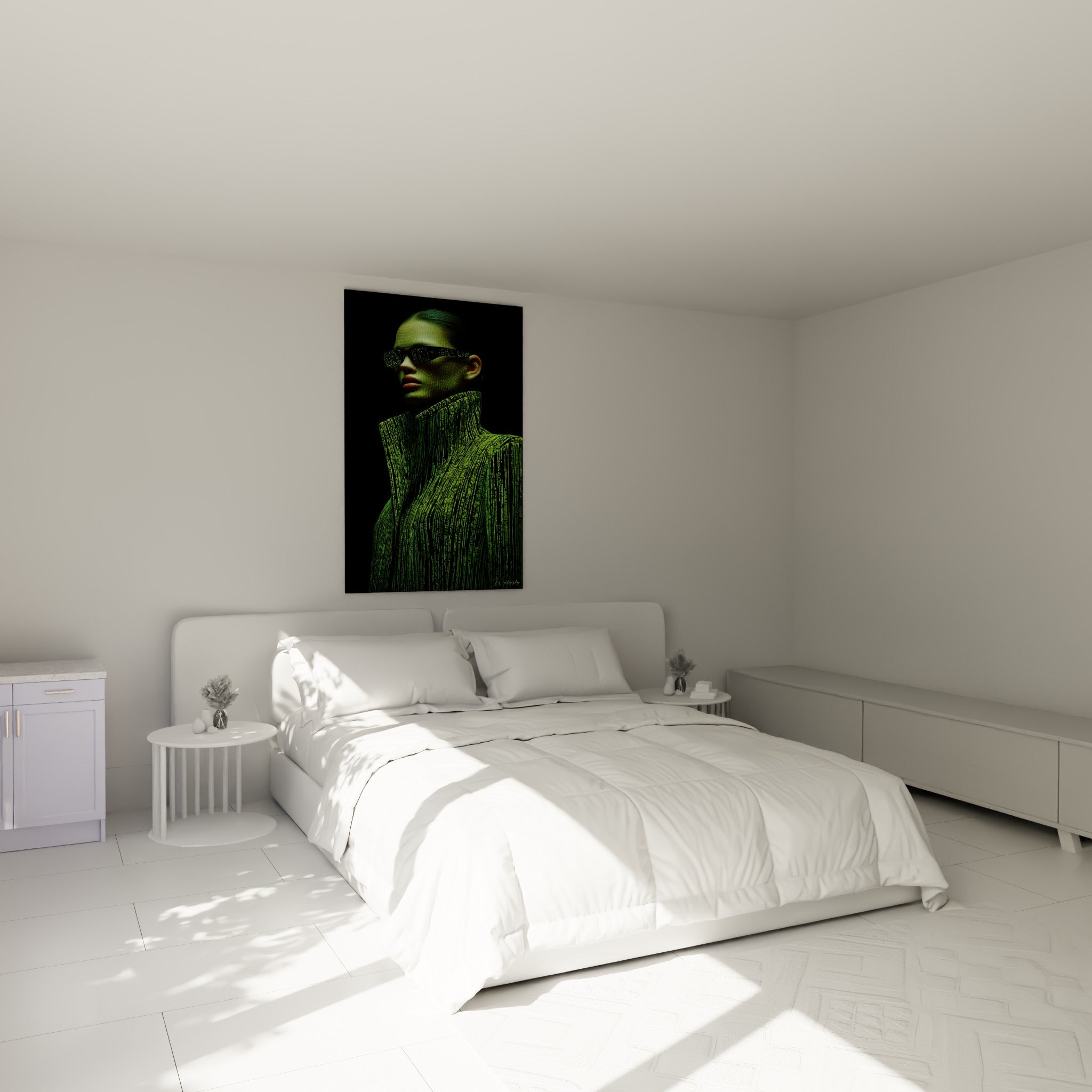 Silhouette au regard masqué par des lunettes sombres, teintes vert et noir, au-dessus d'un lit dans une chambre claire