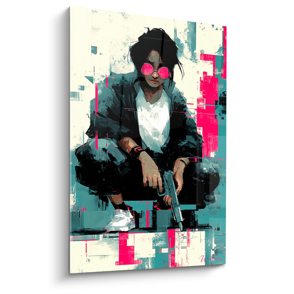 Cuadro Silueta Acorizada con Gafas Rosas y Pistola - Tensión Urbana - Edición Cyberpunk
