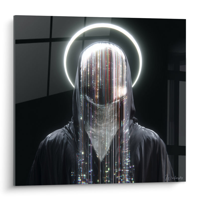 Tableau Silhouette encapuchonnée noire et blanche à halo - Présence numérique - Edition Cyberpunk