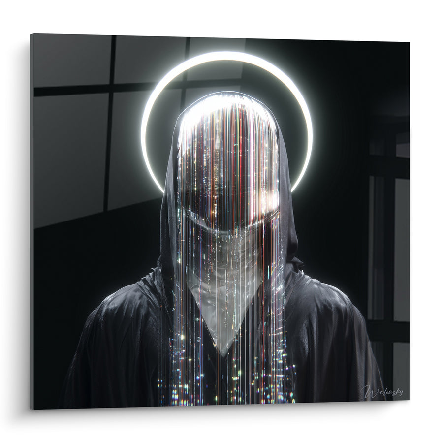 Black and White Hooded Silhouette with Halo Artwork - Digital Presence - Cyberpunk Edition