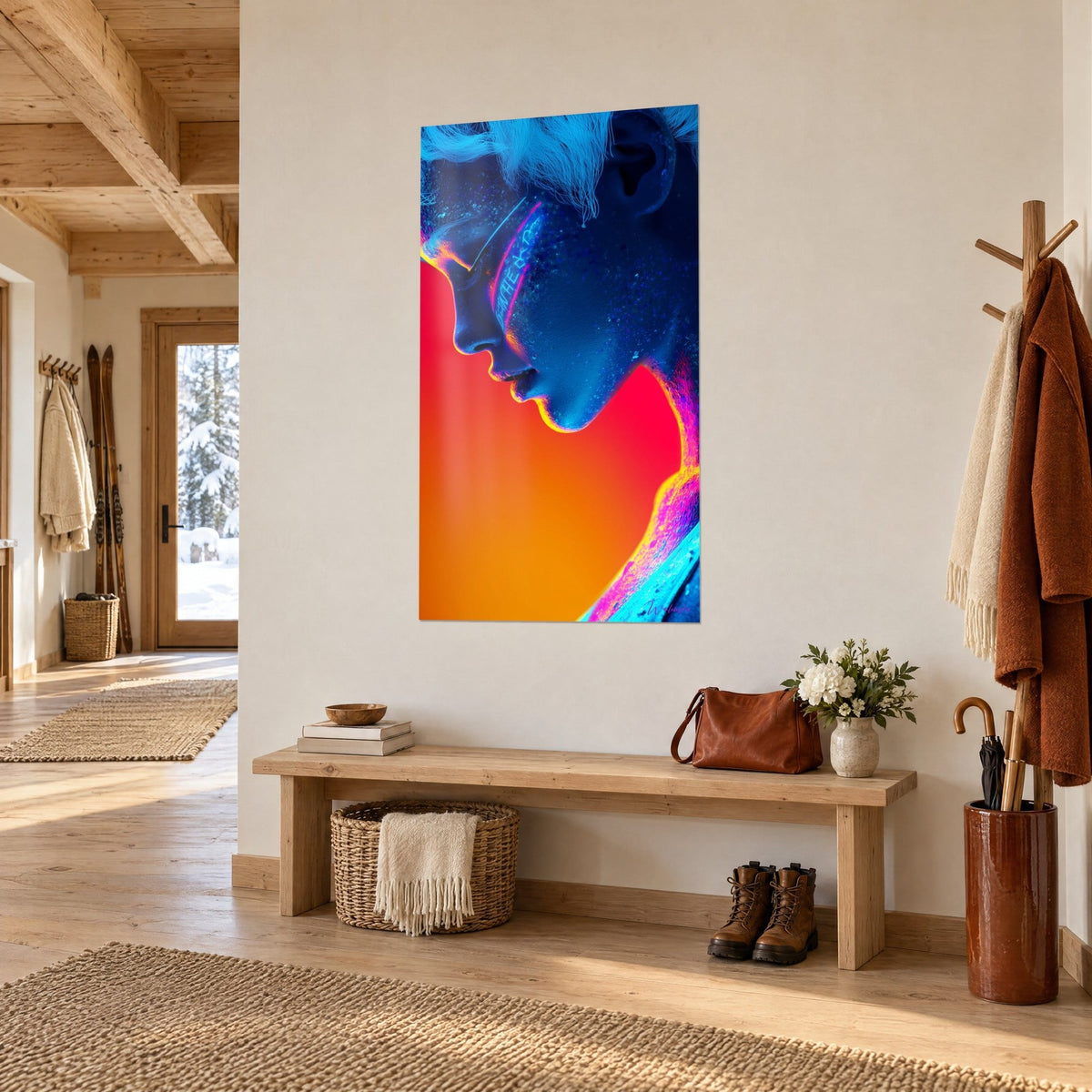 Tableau visage de côté aux paillettes indigo et liseré rose fluo, dégradé rouge et orange, entrée de chalet en bois clair