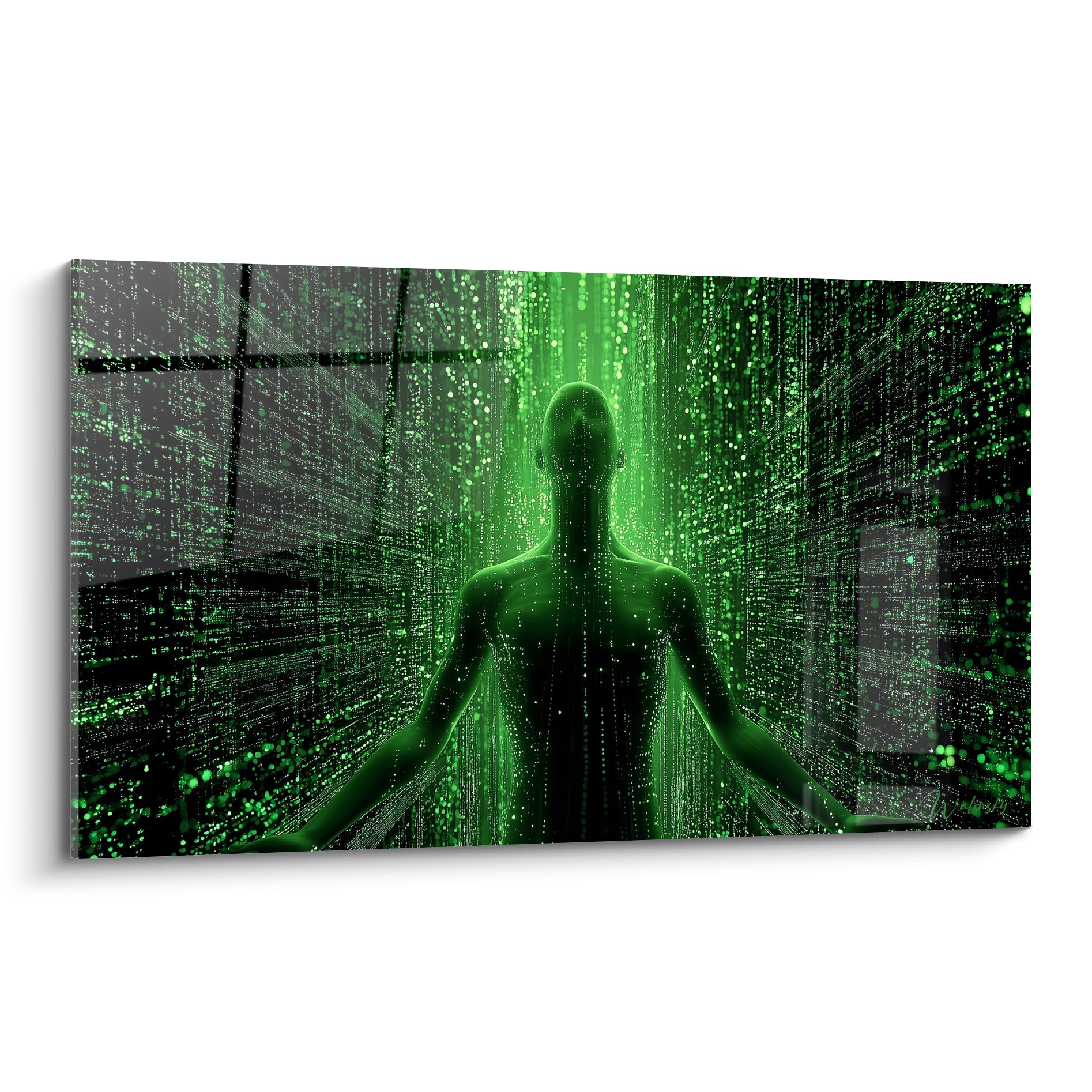 Silhouette humaine cyberpunk verte et anthracite traversée par une pluie de données numériques