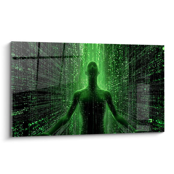 Cuadro Silueta humana verde y negra con brazos extendidos - Lluvia de código - Edición Cyberpunk