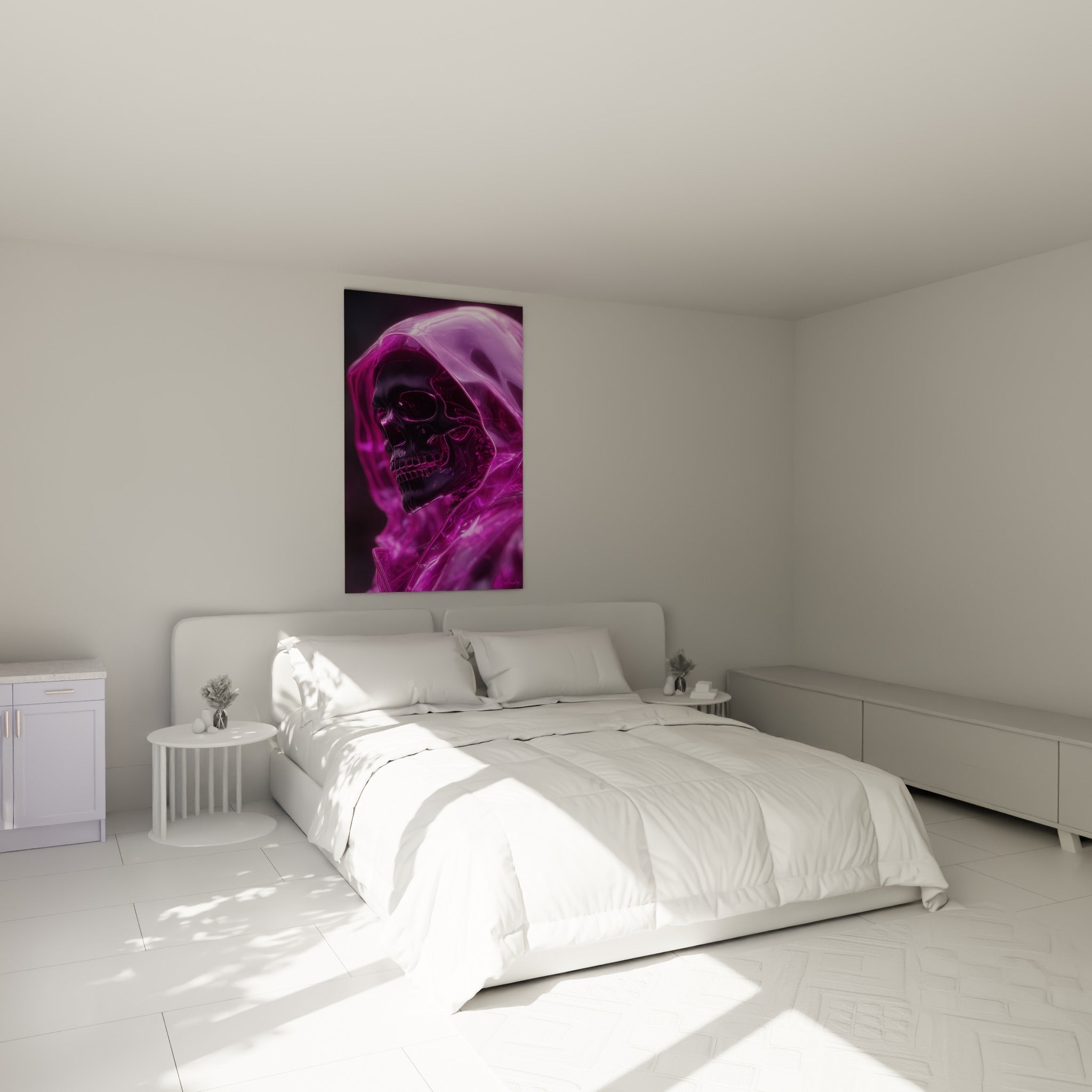 Silhouette Cyberpunk magenta et anthracite au capuchon liquide, accrochée au-dessus d'un lit dans une chambre claire