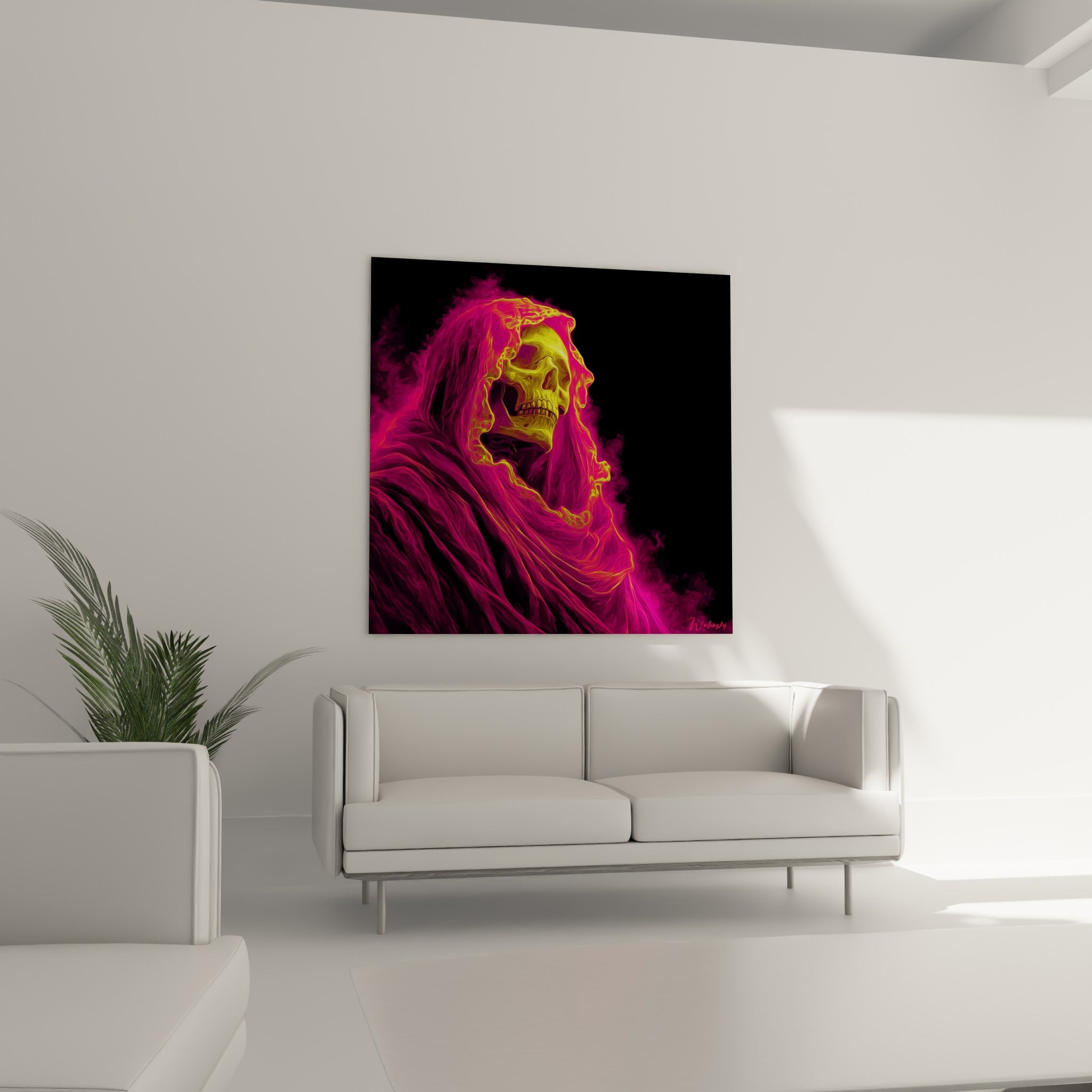 Figure spectrale rose fuchsia et jaune éclatant au-dessus d'un canapé dans un salon lumineux