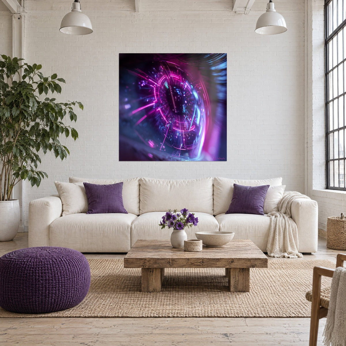 Tableau œil cybernétique aux circuits fuchsia et bleu électrique, iris sombre, au-dessus d'un canapé dans un salon lumineux