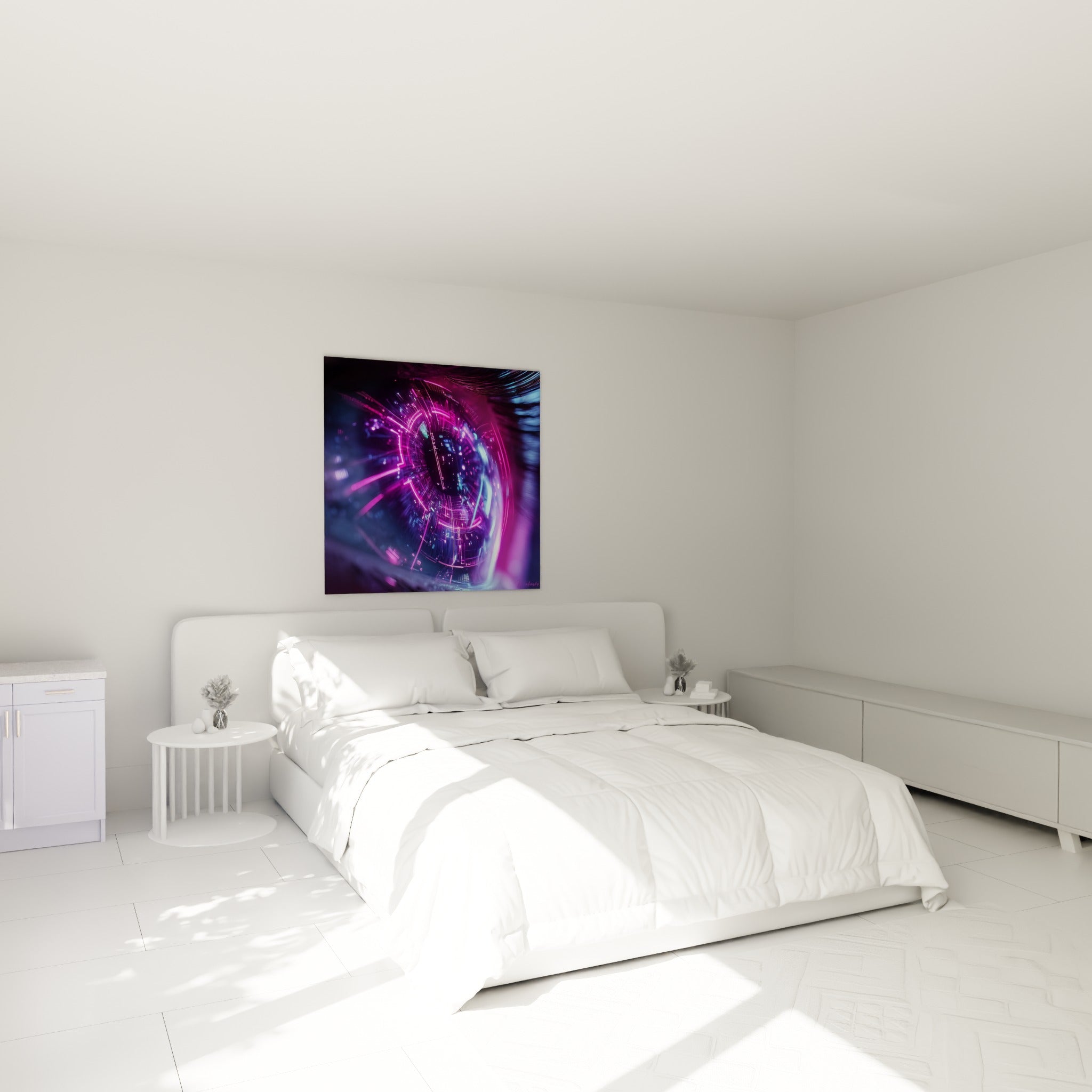 Spirale lumineuse fuchsia et bleue cyberpunk au-dessus d'un lit dans une chambre claire