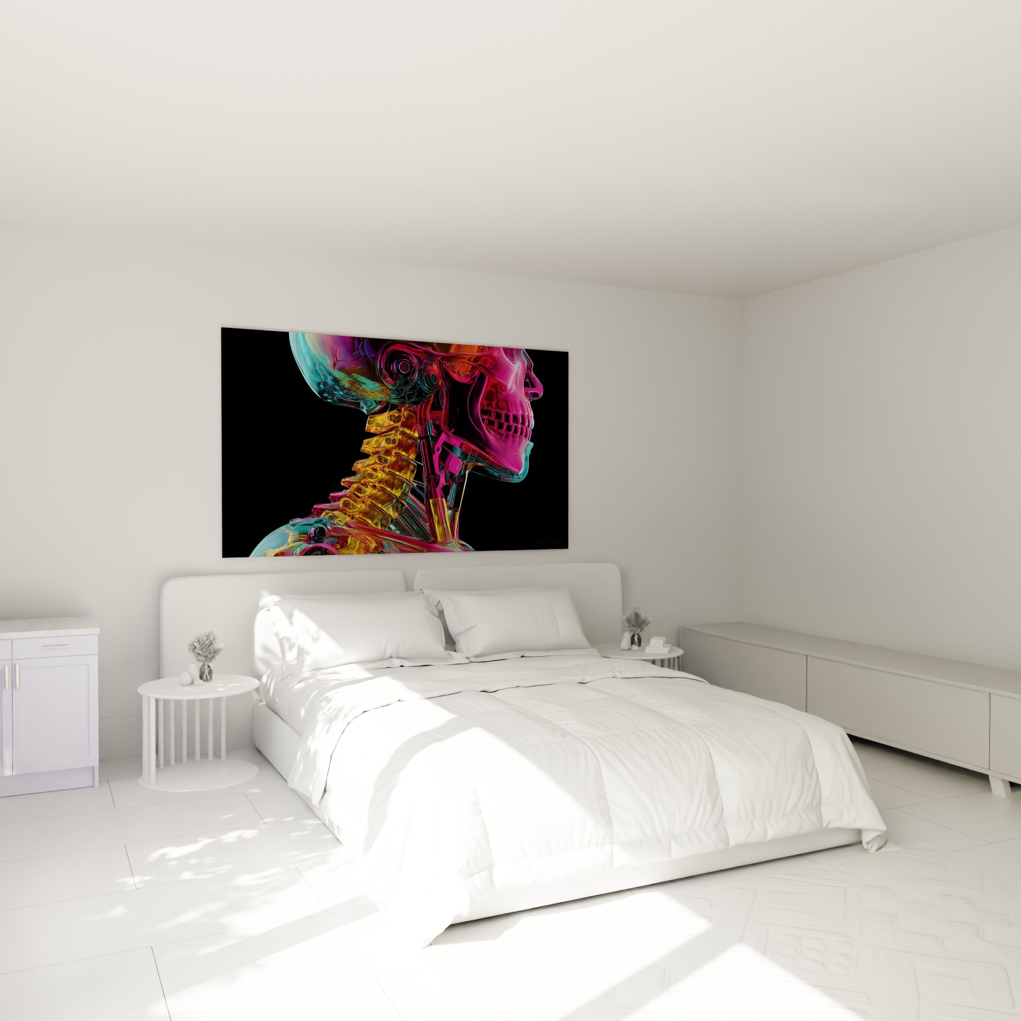 Squelette robotique Cyberpunk fuchsia et doré au-dessus d'un lit dans une chambre claire
