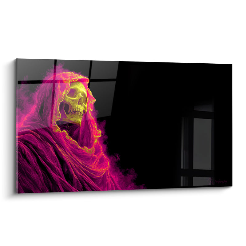 Tableau Squelette encapuchonné rose et jaune néon - Spectre électrique - Edition Cyberpunk