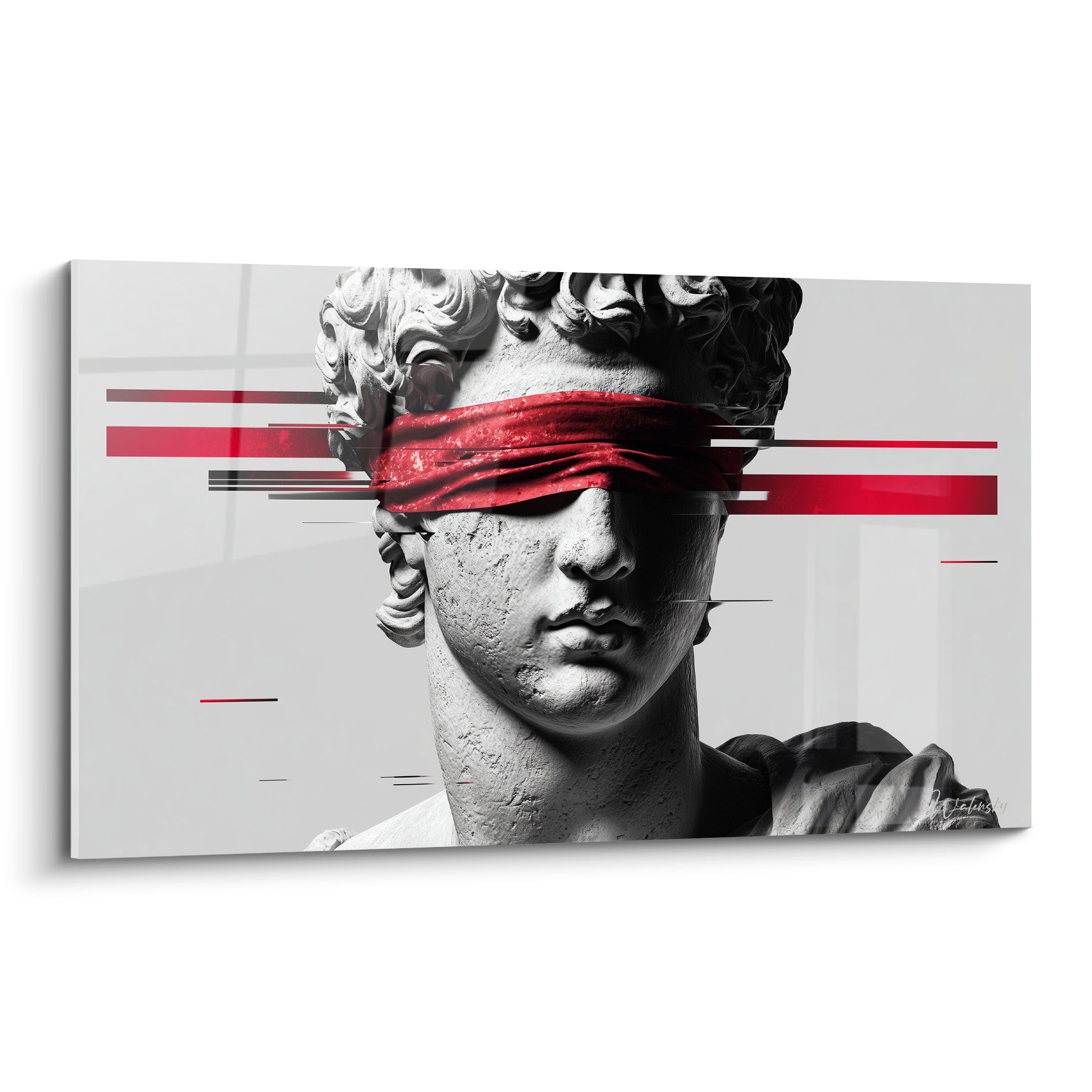 Buste antique gris au bandeau rouge éclatant, effet glitch, tableau Cyberpunk saisissant