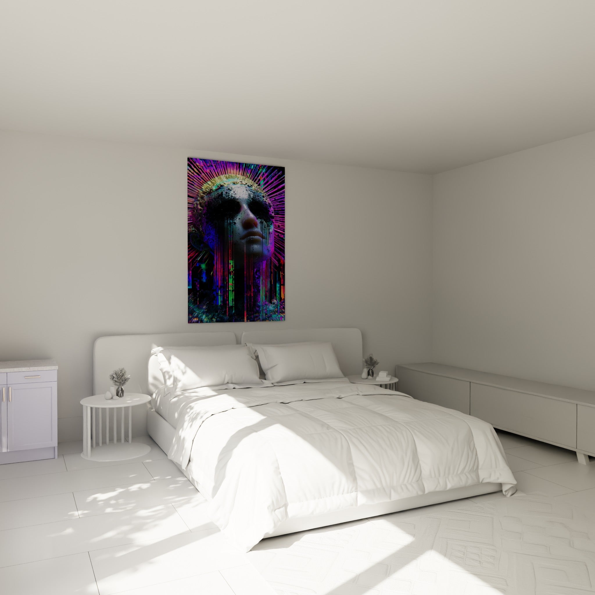Statue au visage doré et pixels turquoise accrochée au-dessus d'un lit dans une chambre claire