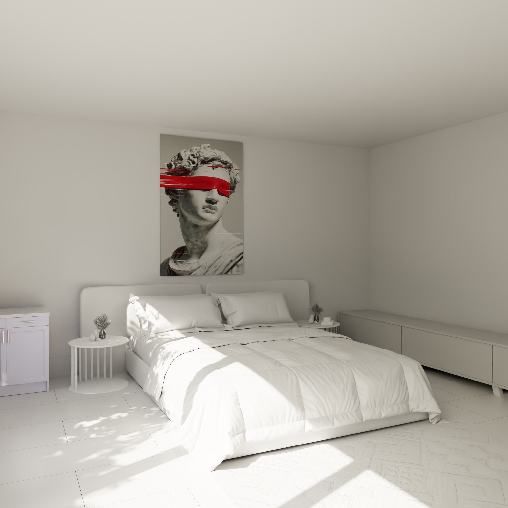 Statue au visage gris masqué de rouge électrique, tableau Cyberpunk accroché au-dessus d'un lit dans une chambre claire