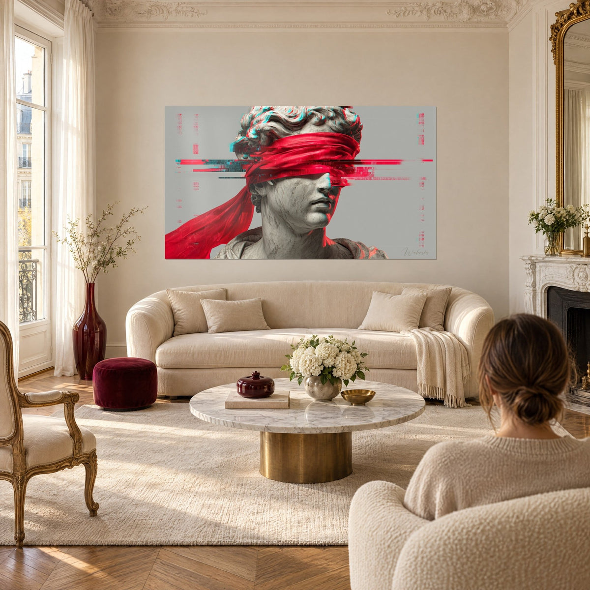 Gemälde Marmorbüste mit leuchtend rotem Stirnband und cyanfarbenen Glitch-Linien auf grauem Hintergrund, über einem Sofa in einem hellen Wohnzimmer