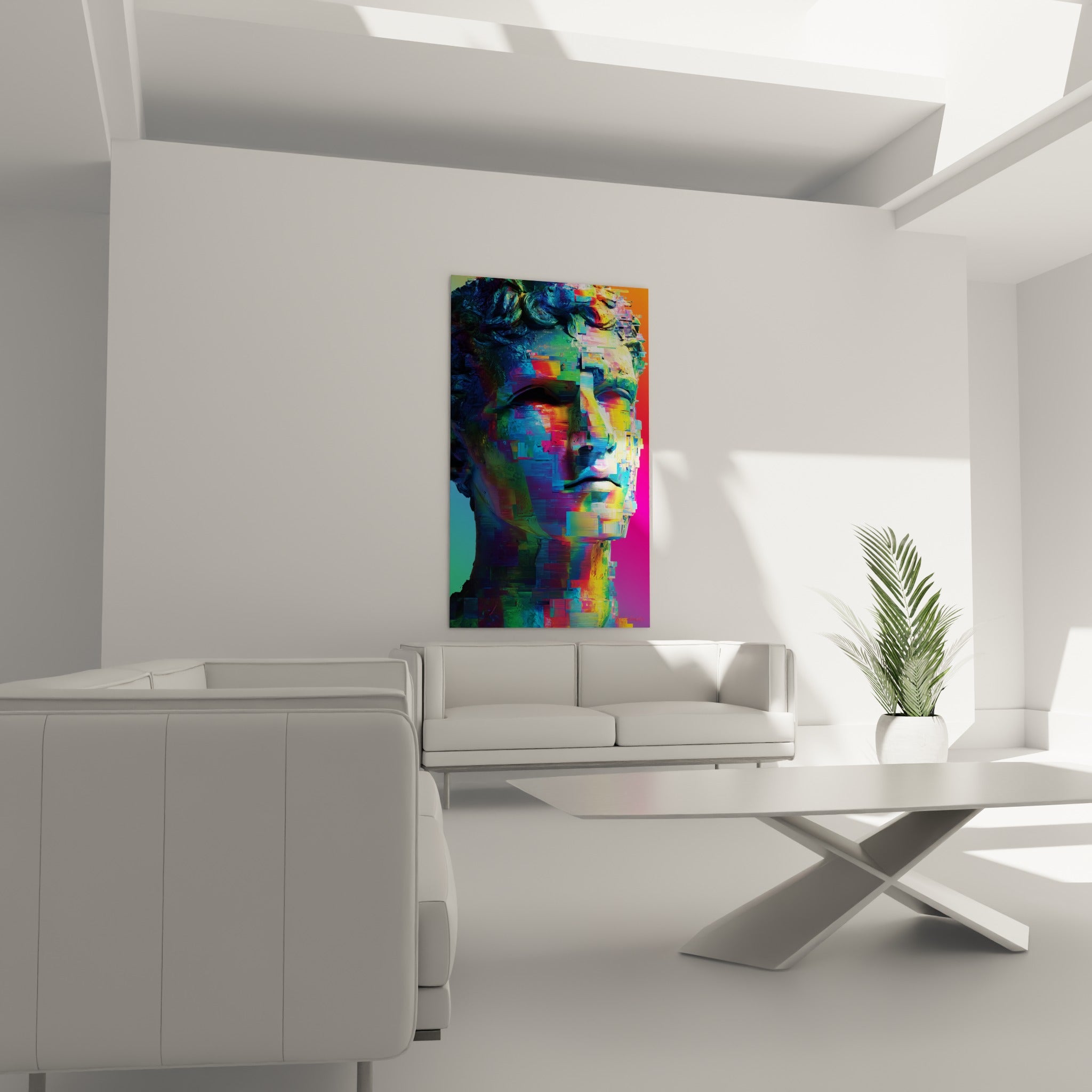 Statue pixelisée mêlant vert émeraude et rose vif, suspendue au-dessus d'un canapé dans un salon lumineux