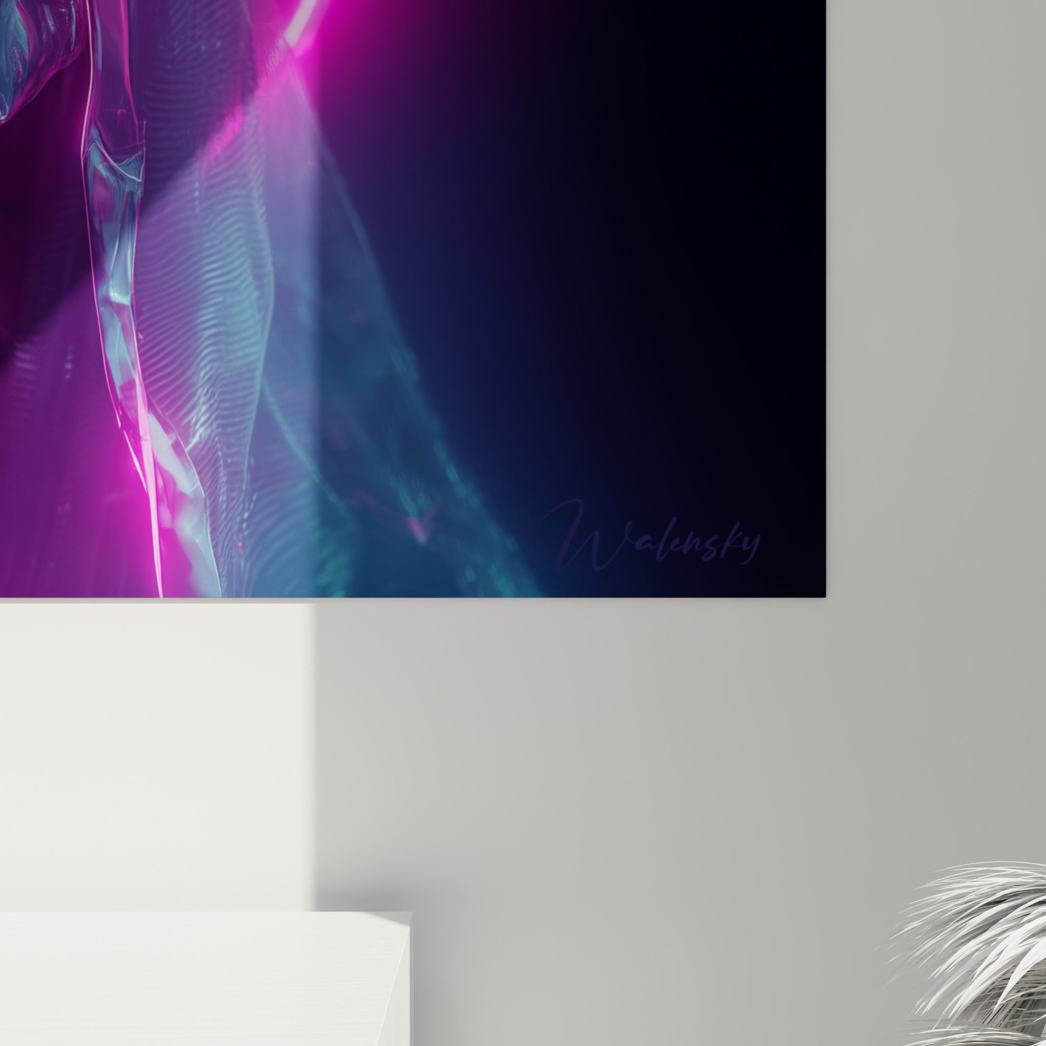 Grain de l'impression révélant les reflets bleu pétrole et le magenta vibrant du crâne Cyberpunk encapuchonné