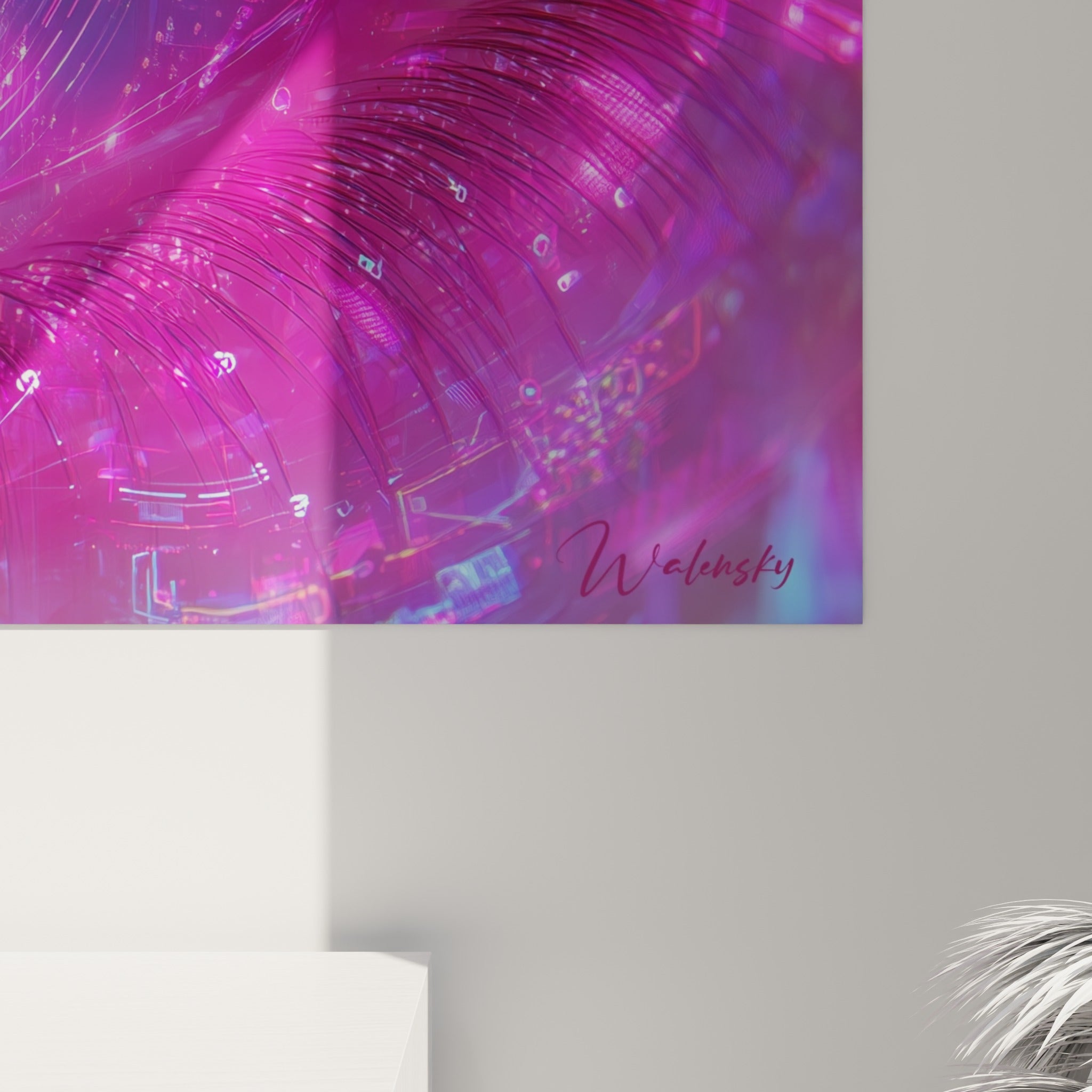 Détails numériques rose et turquoise se fondant dans la texture de l'impression de ce tableau œil Cyberpunk