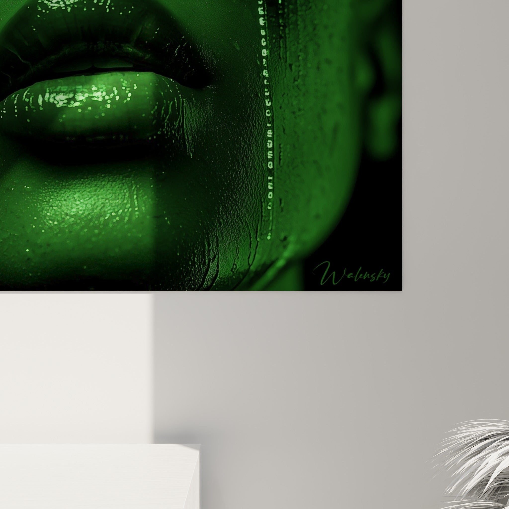 Grain texturé du vert fluorescent et du noir profond sur l'impression rapprochée de ce tableau Cyberpunk