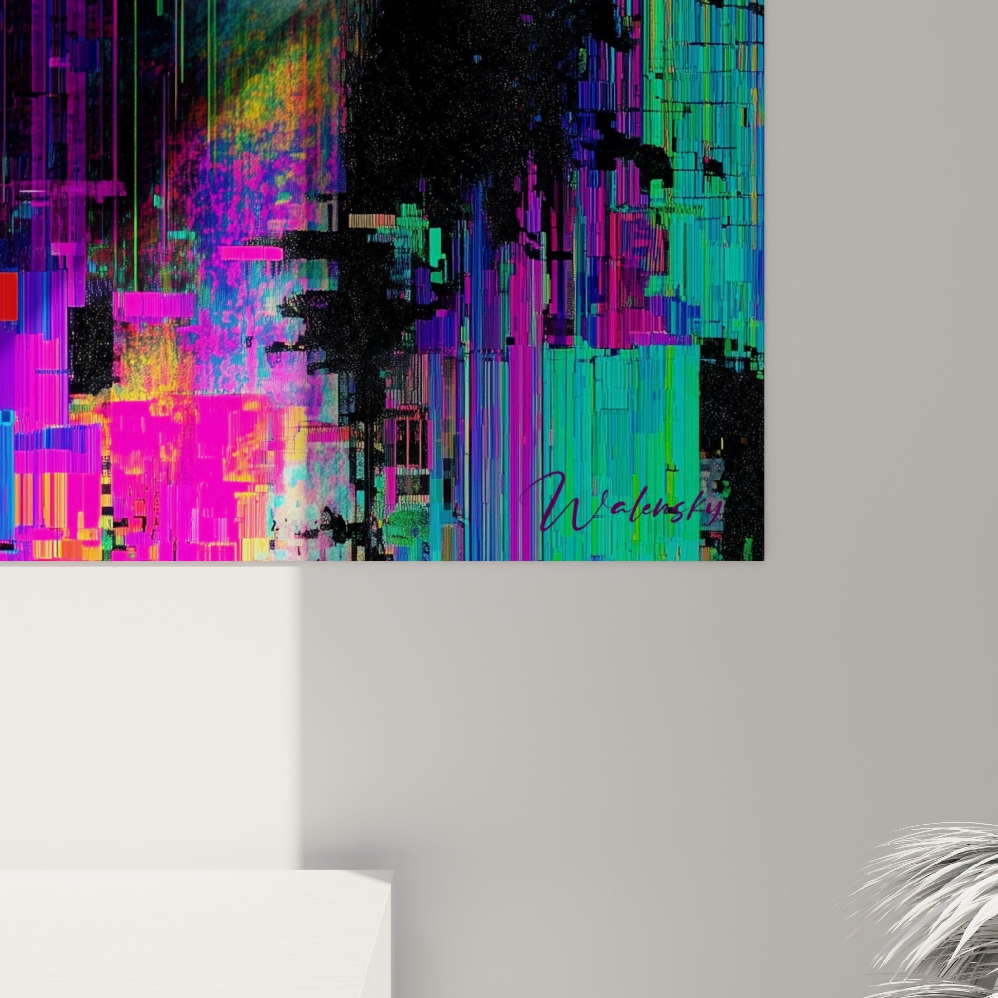 Détail du tableau Cyberpunk révélant les coulures noires et les stries magenta sur la texture imprimée