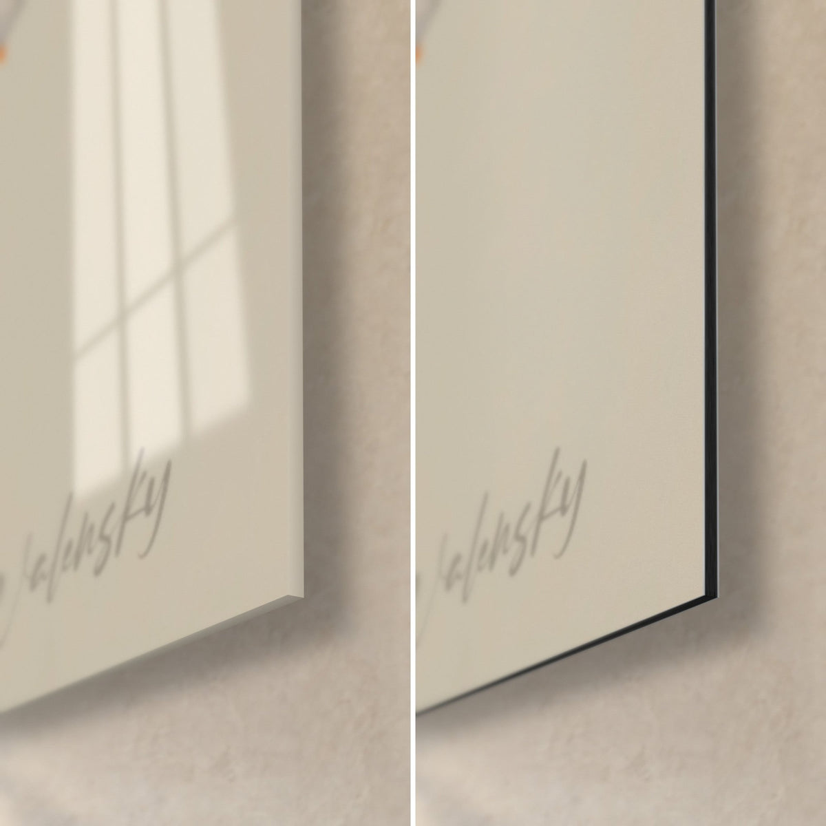 Tableau visage fragmenté, coin bas droit : verre acrylique brillant à gauche, alu Dibond noir mat à droite, tranche de 3 mm visible