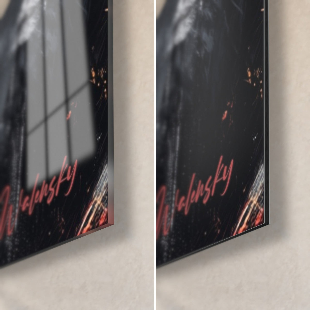 Quadro di volto cyberpunk nero e arancio, angolo in basso a destra in vetro acrilico lucido a sinistra, alluminio Dibond opaco a destra, spessore 3 mm