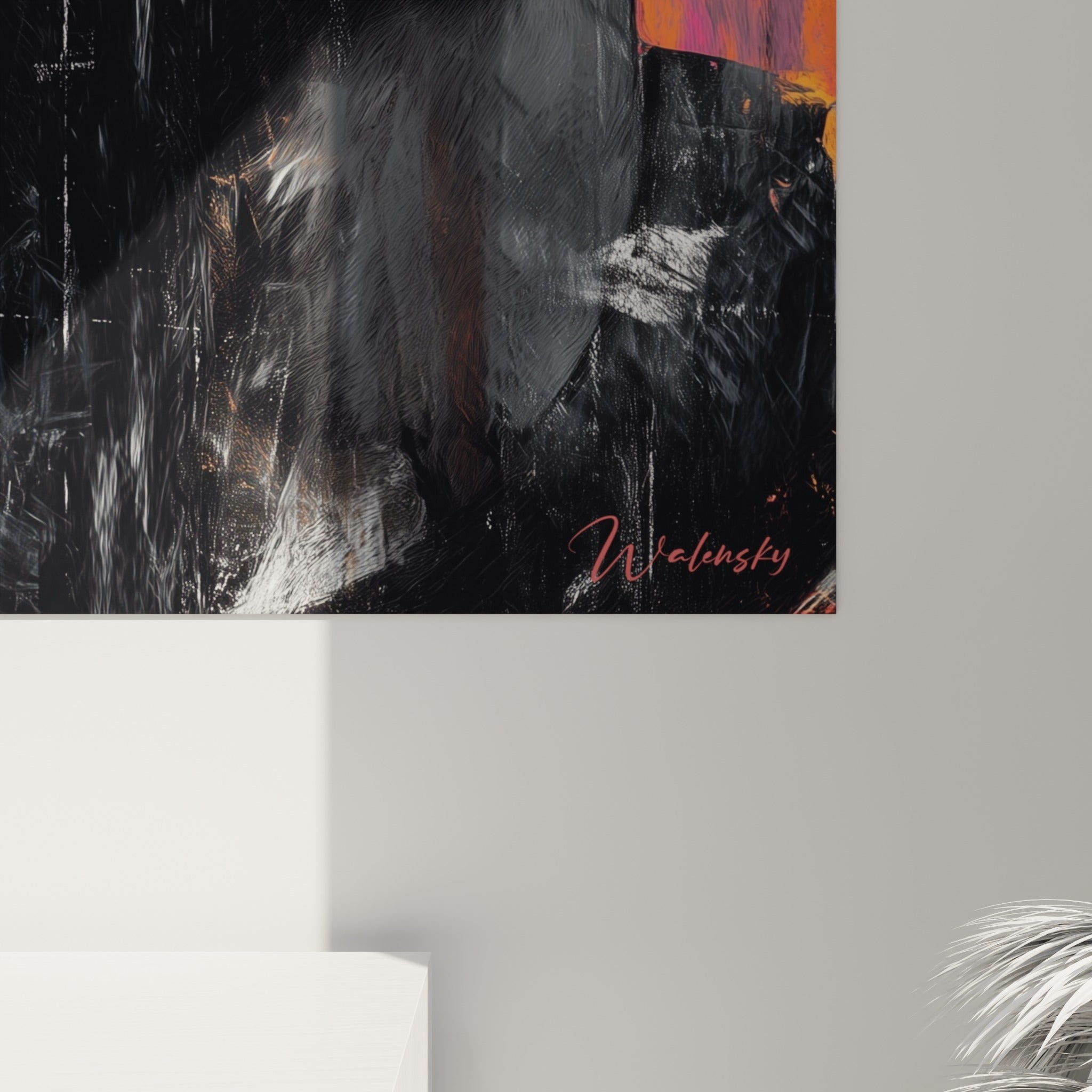 Empâtements orange et traits blancs griffés sur fond noir profond, matière picturale dense et texturée