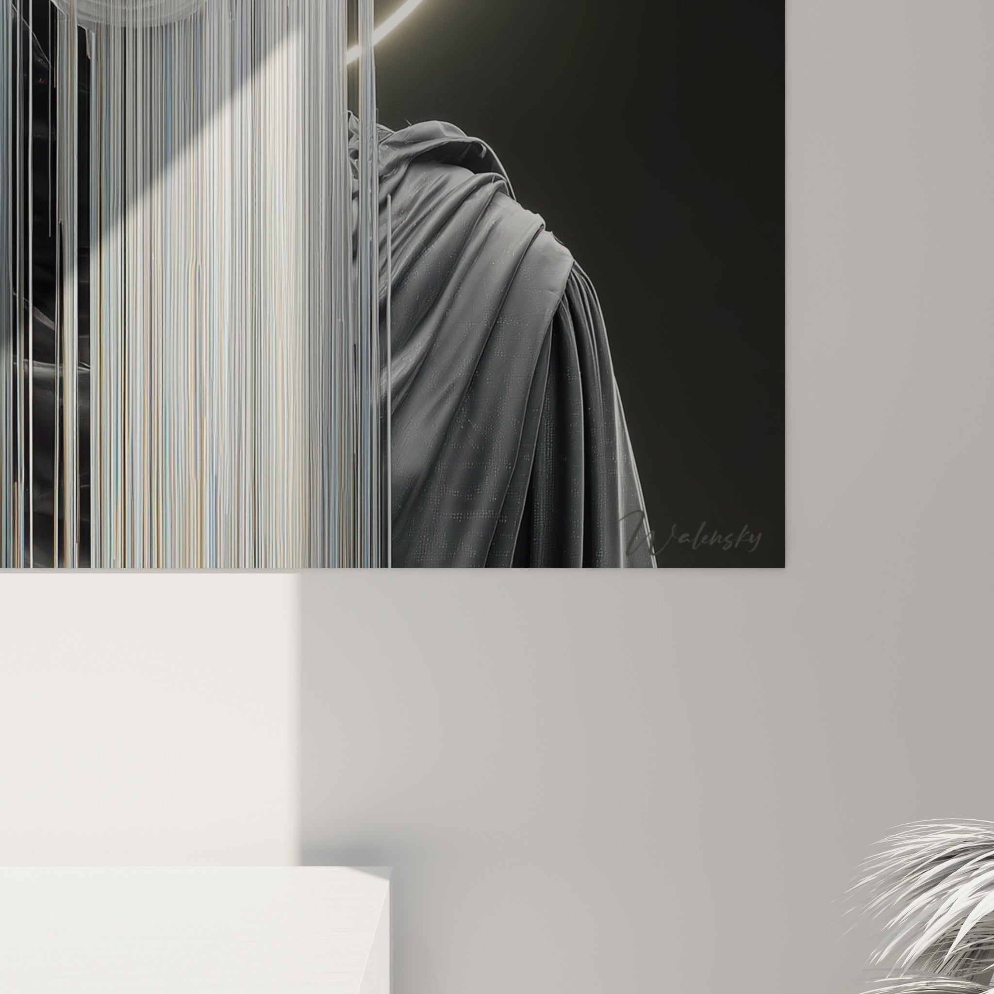 Détail du tableau Cyberpunk montrant les filaments blancs et gris texturés s'écoulant sous le halo lumineux
