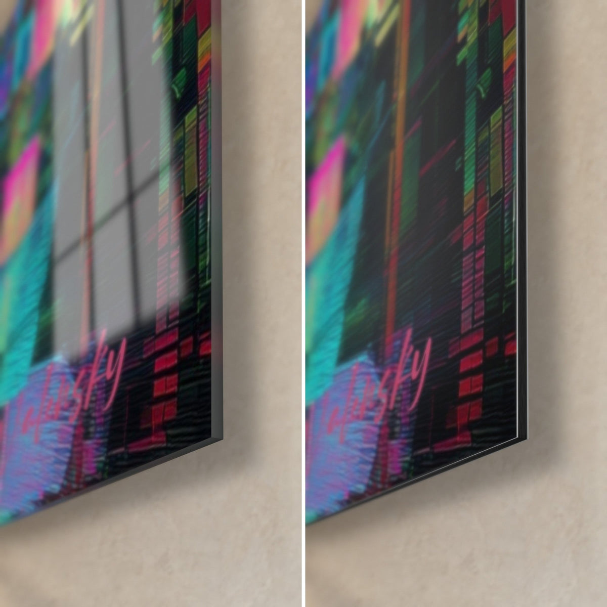 Tableau ange cyberpunk, coin bas droit : verre brillant aux reflets et Dibond noir mat, tranche de 3 mm, signature rose