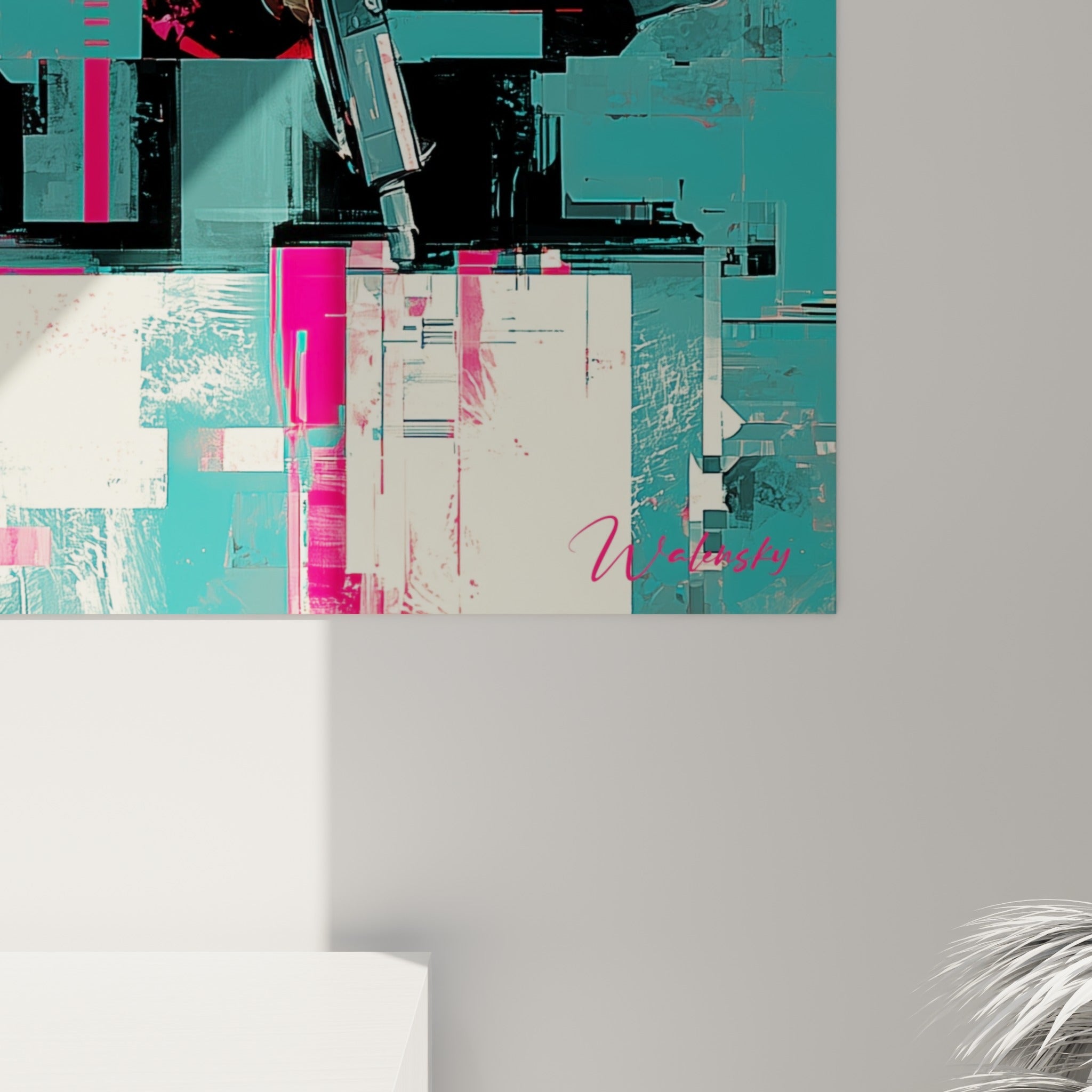 Empâtements turquoise et magenta se mêlant au crème froissé, détail du grain pictural de ce tableau Cyberpunk