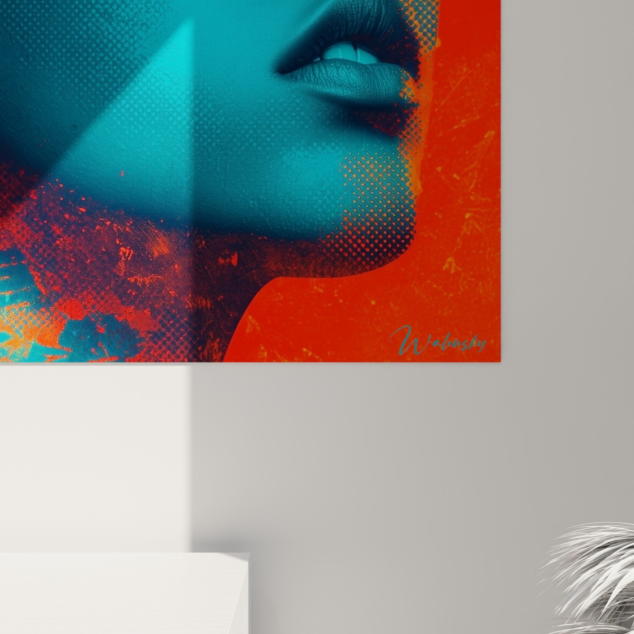 Détail du grain sérigraphié rouge et turquoise sur ce tableau Cyberpunk, textures et fissures visibles