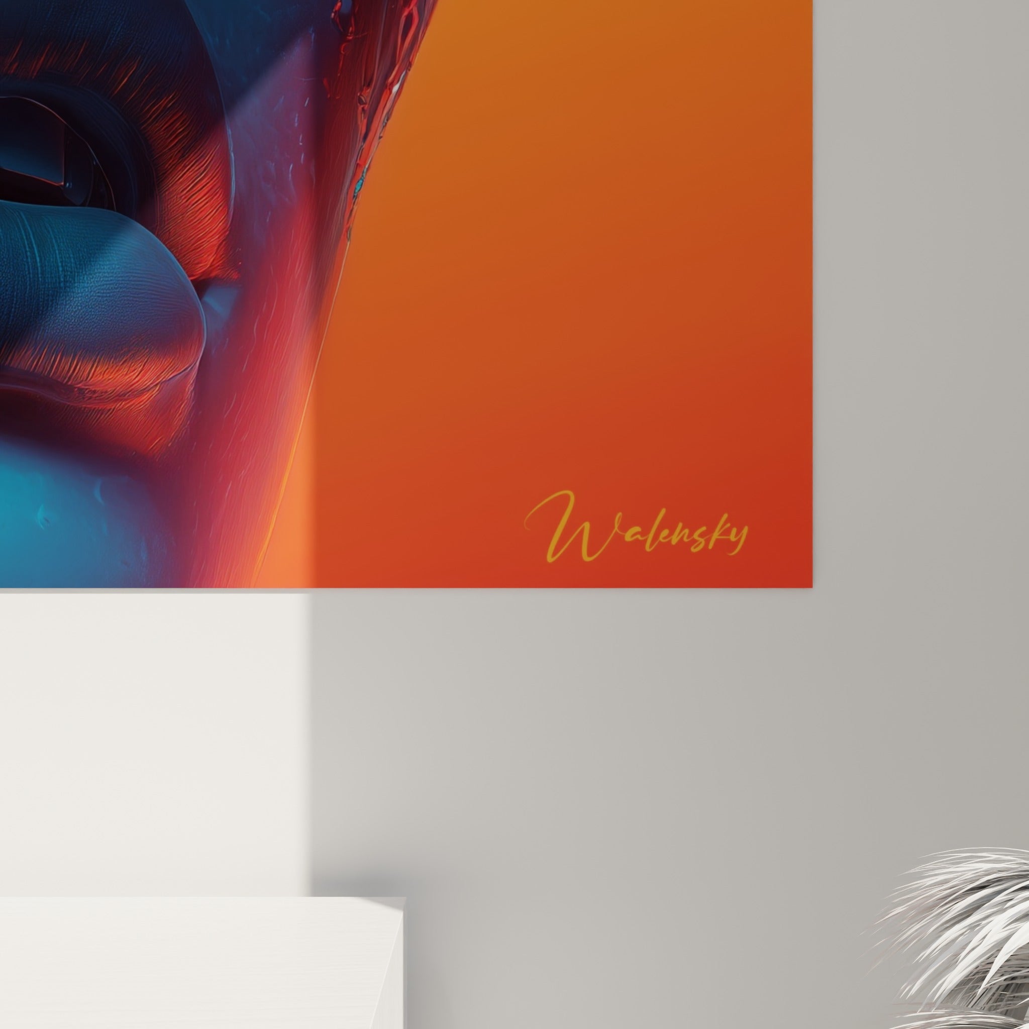Empâtements bleu et orange se mêlant sur les lèvres et le nez du visage numérique, grain visible de l'impression Cyberpunk