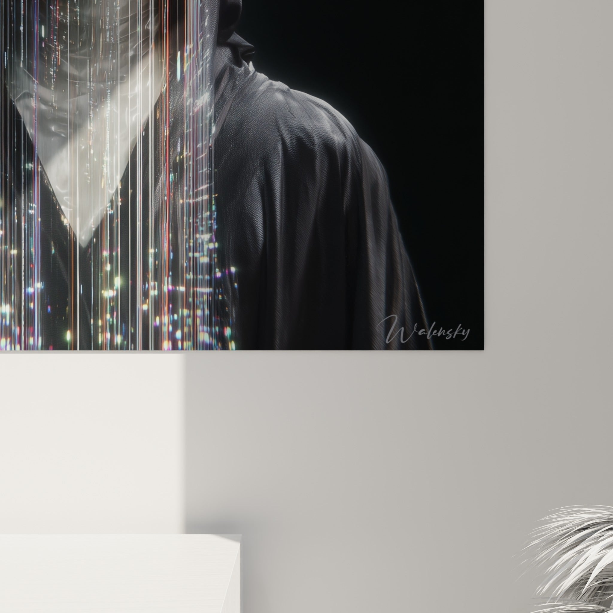Détail du tableau Cyberpunk montrant les filaments lumineux blancs, rouges et bleus texturés sur toile