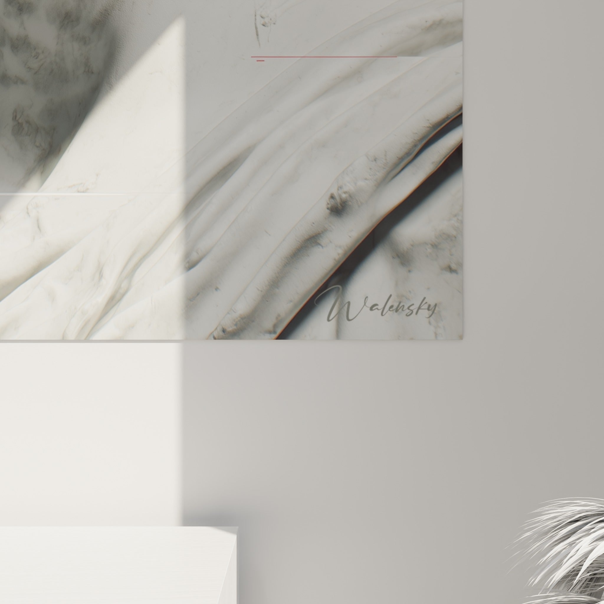 Détail du bandeau écarlate et du grain marbré gris sur ce tableau Cyberpunk, texture d'impression visible de près