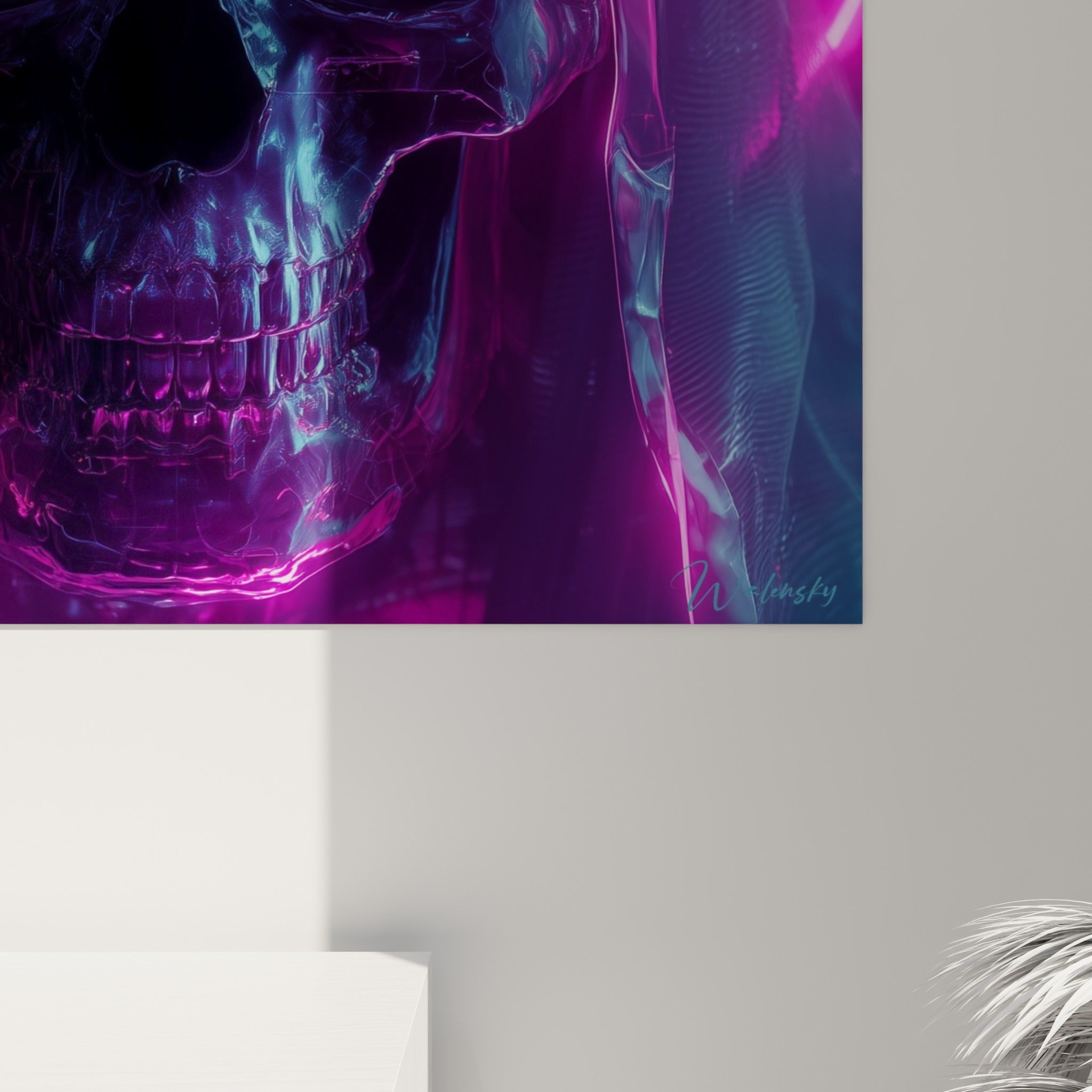 Empâtements lumineux roses et bleus se mêlant sur la toile, grain lisse capturant la texture Cyberpunk de près