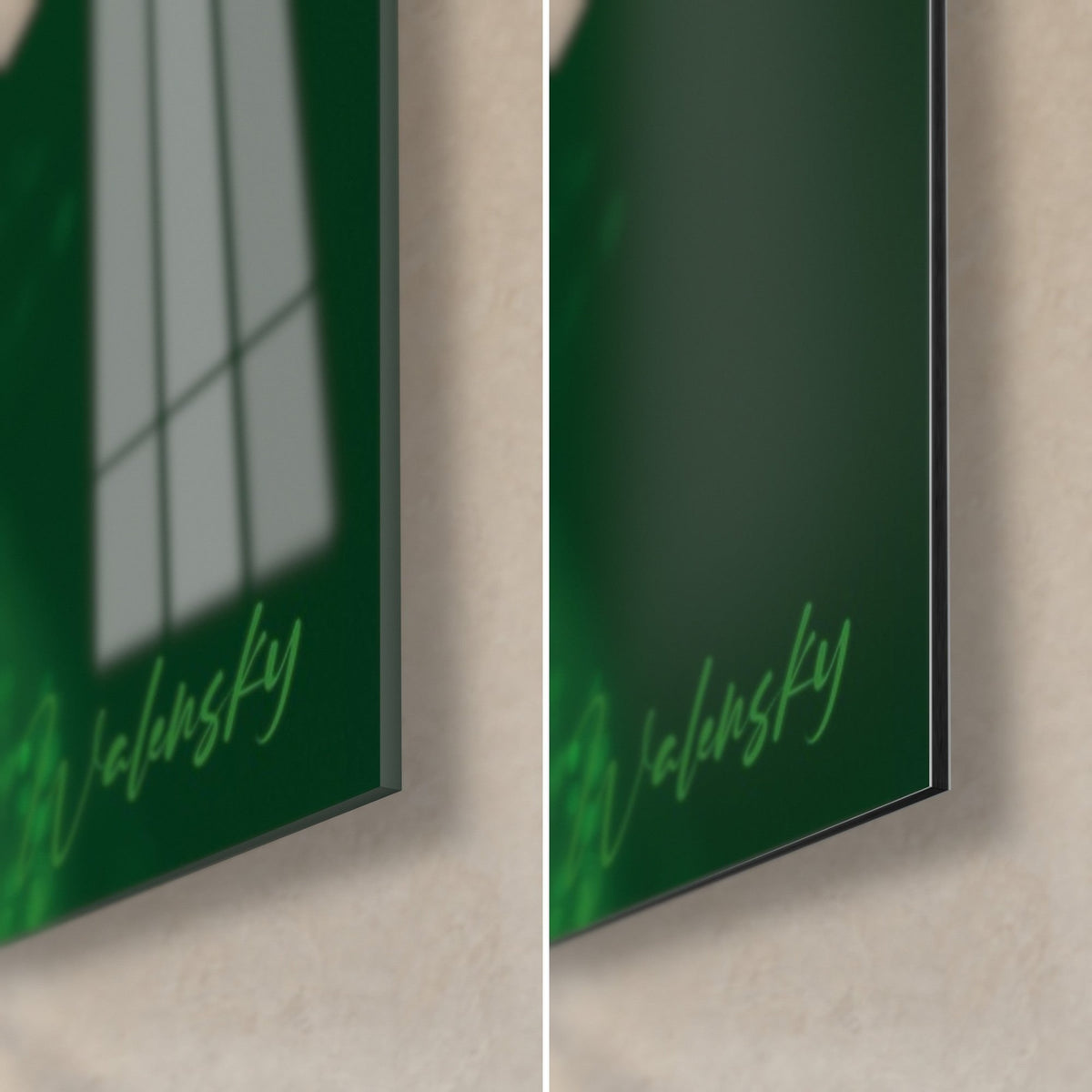 Quadro cyberpunk, angolo in basso a destra: vetro acrilico lucido verde profondo a sinistra, Dibond opaco a destra, firma Walensky, spessore 3 mm