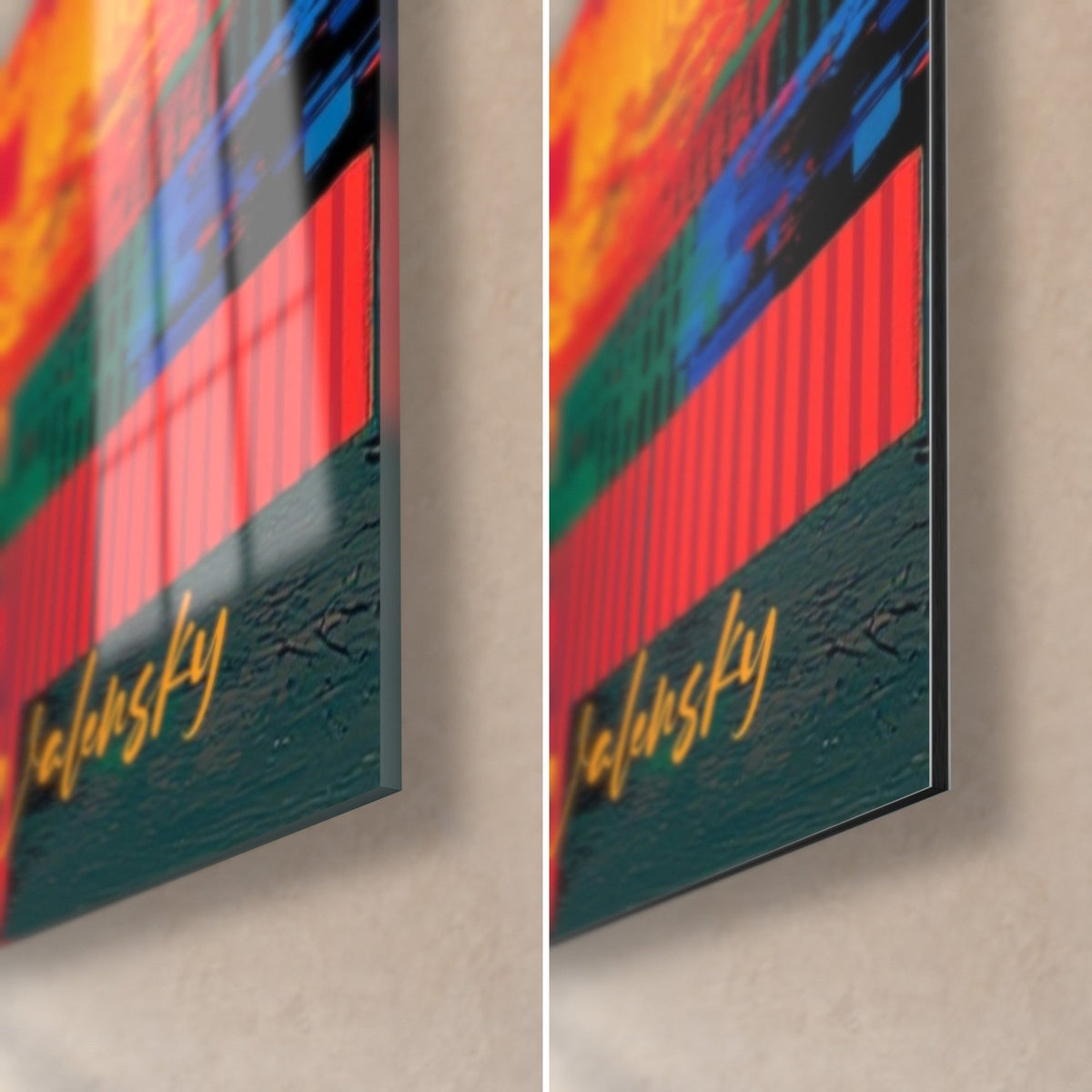 Tableau regard glitch, coin bas droit : verre brillant aux reflets rouge et bleu, Dibond mat vert sombre, signature dorée