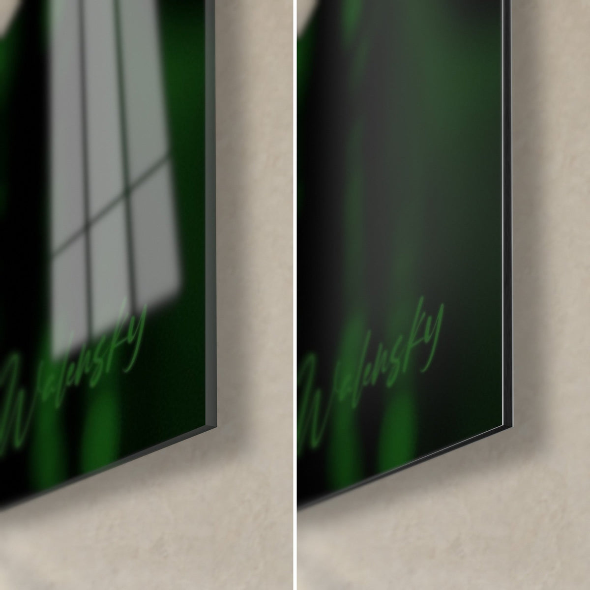 Quadro volto cyberpunk in verde e nero, angolo in basso a destra, vetro acrilico lucido con riflessi a sinistra, Dibond opaco a destra, spessore 3 mm