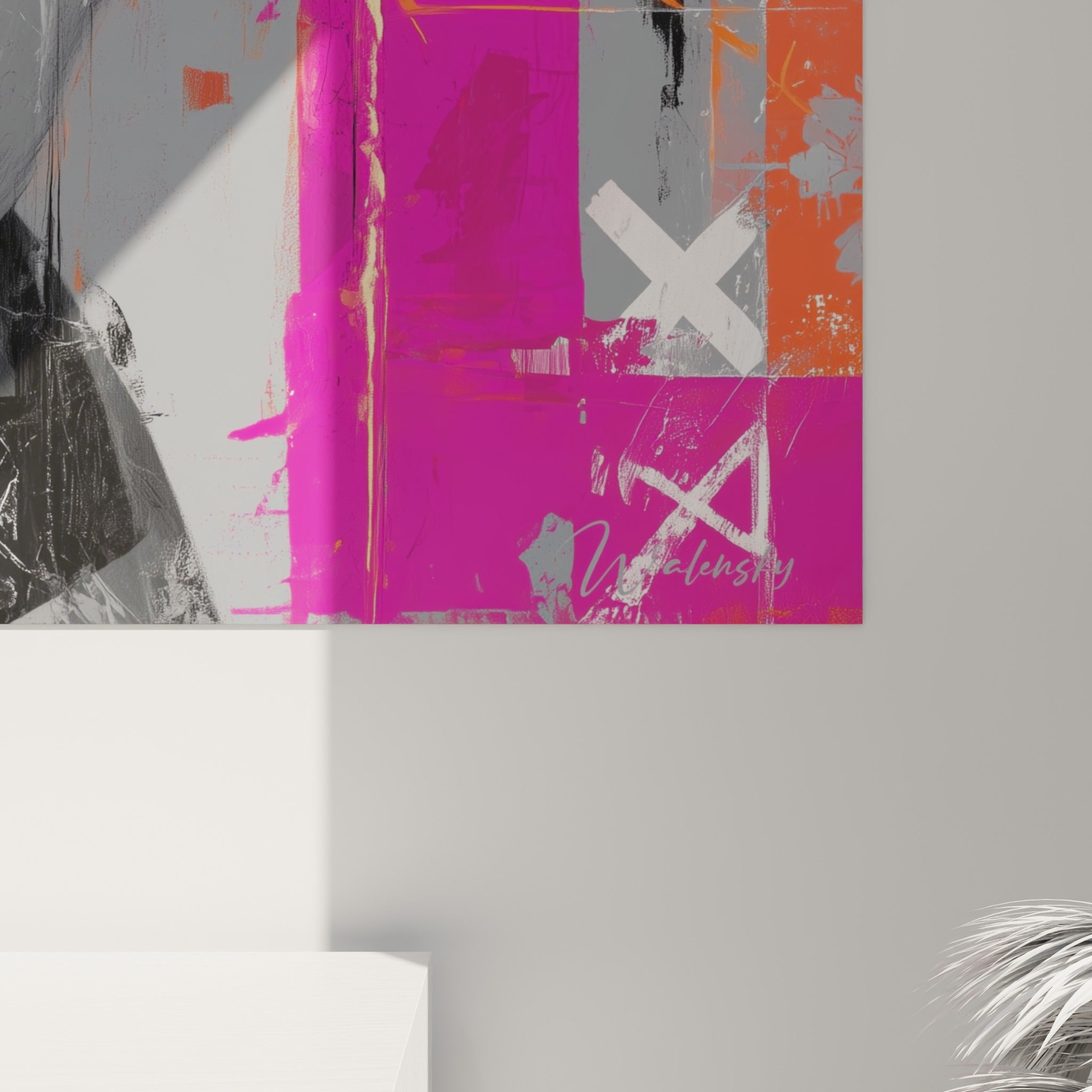 Empâtements et coulures du tableau Cyberpunk révélant le grain orange et rose fuchsia sur noir profond
