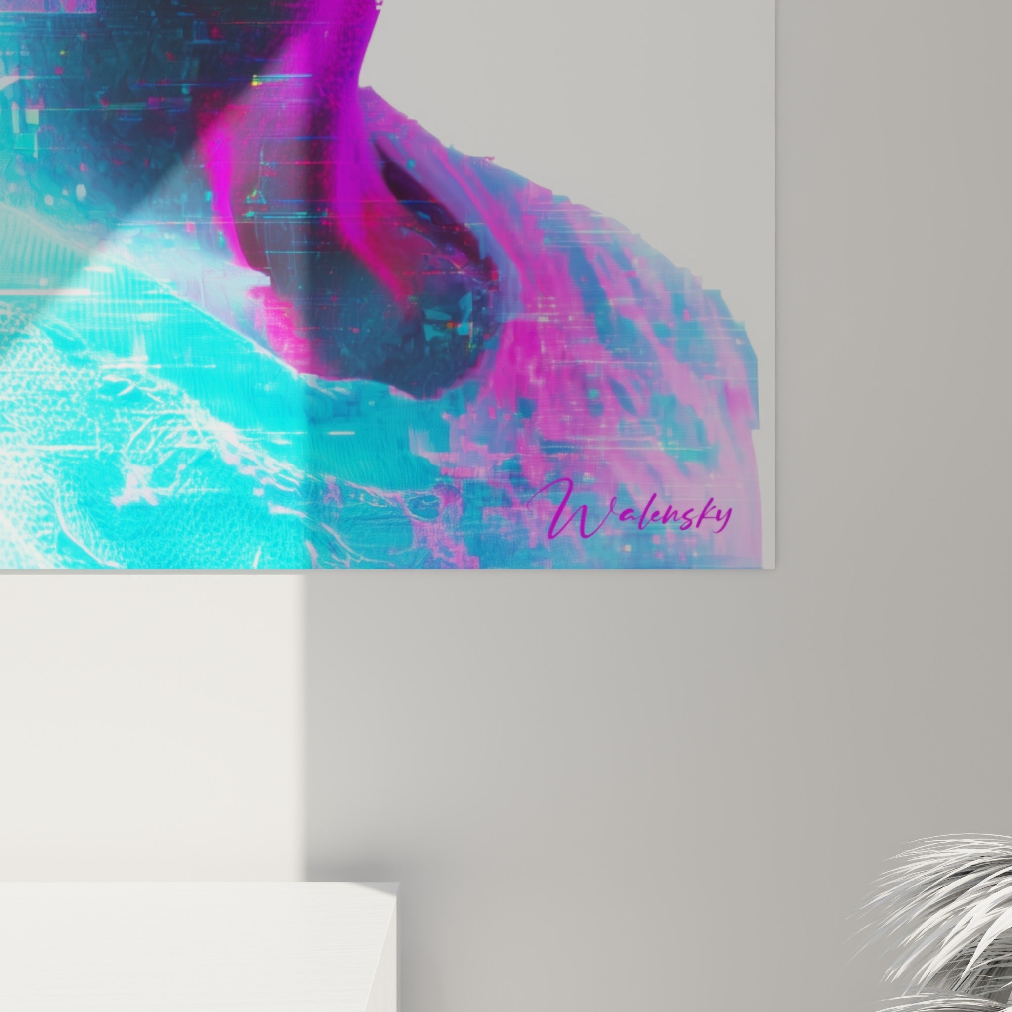 Détail du grain pixélisé Cyberpunk révélant les nuances turquoise et magenta entremêlées