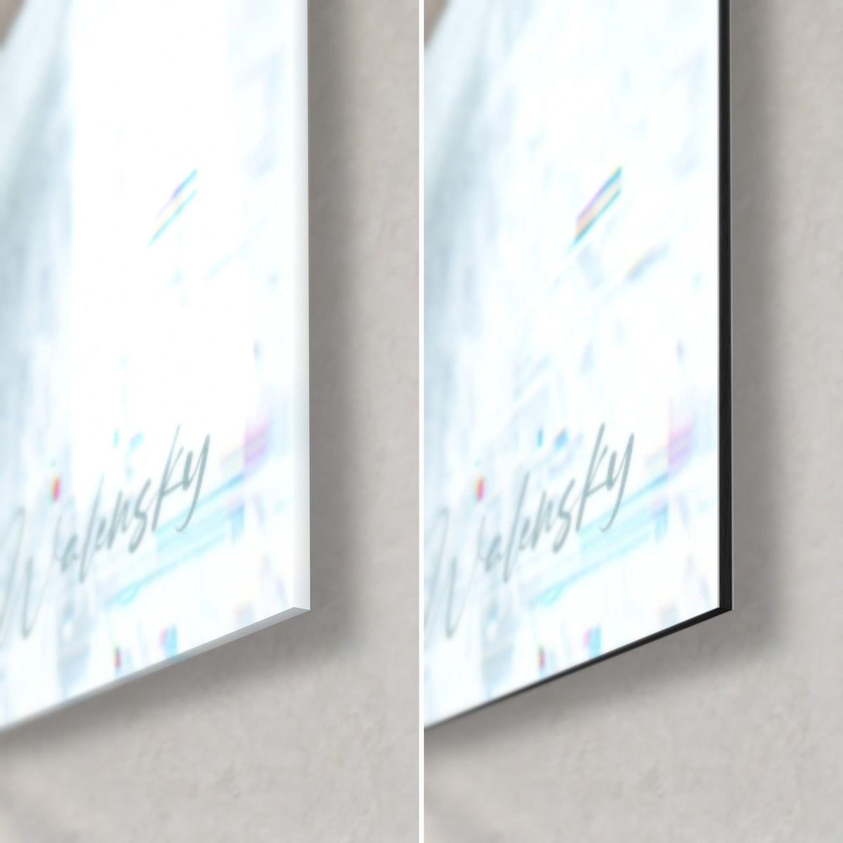 Tableau visage de statue glitch, coin bas droit : verre brillant à gauche, Dibond blanc mat à droite, tranche noire de 3 mm