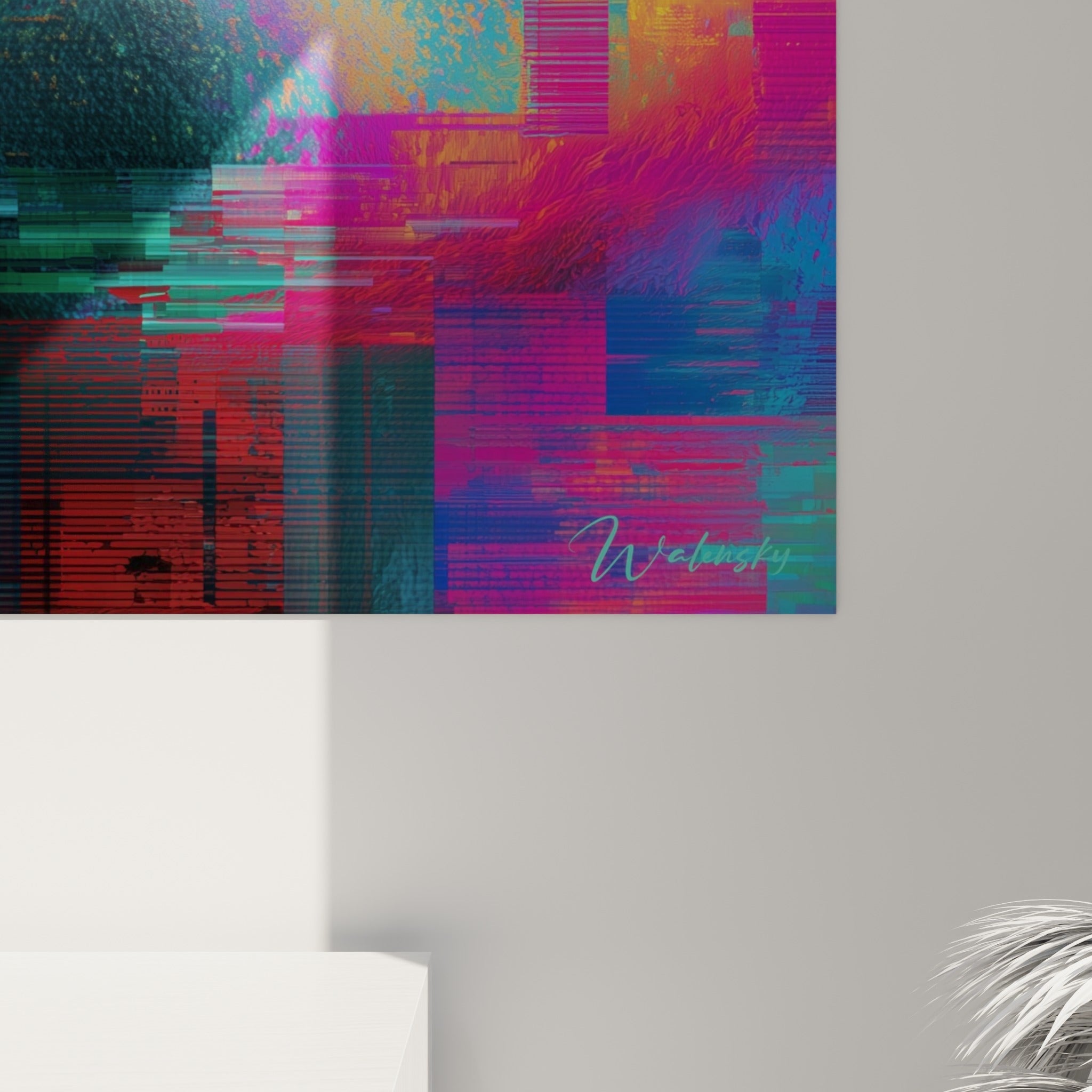Empâtements colorés en bandes pixellisées, grain minéral du visage Cyberpunk où turquoise et pourpre se touchent