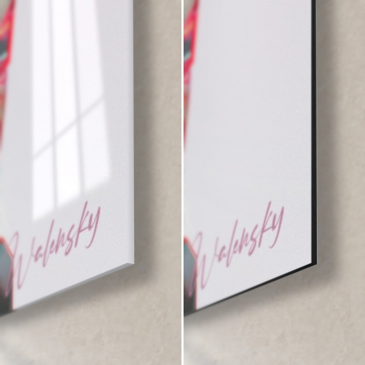 Cuadro cyberpunk, esquina inferior derecha: firma rosa Walensky sobre fondo blanco, cristal acrílico brillante y aluminio Dibond negro mate, canto de 3 mm