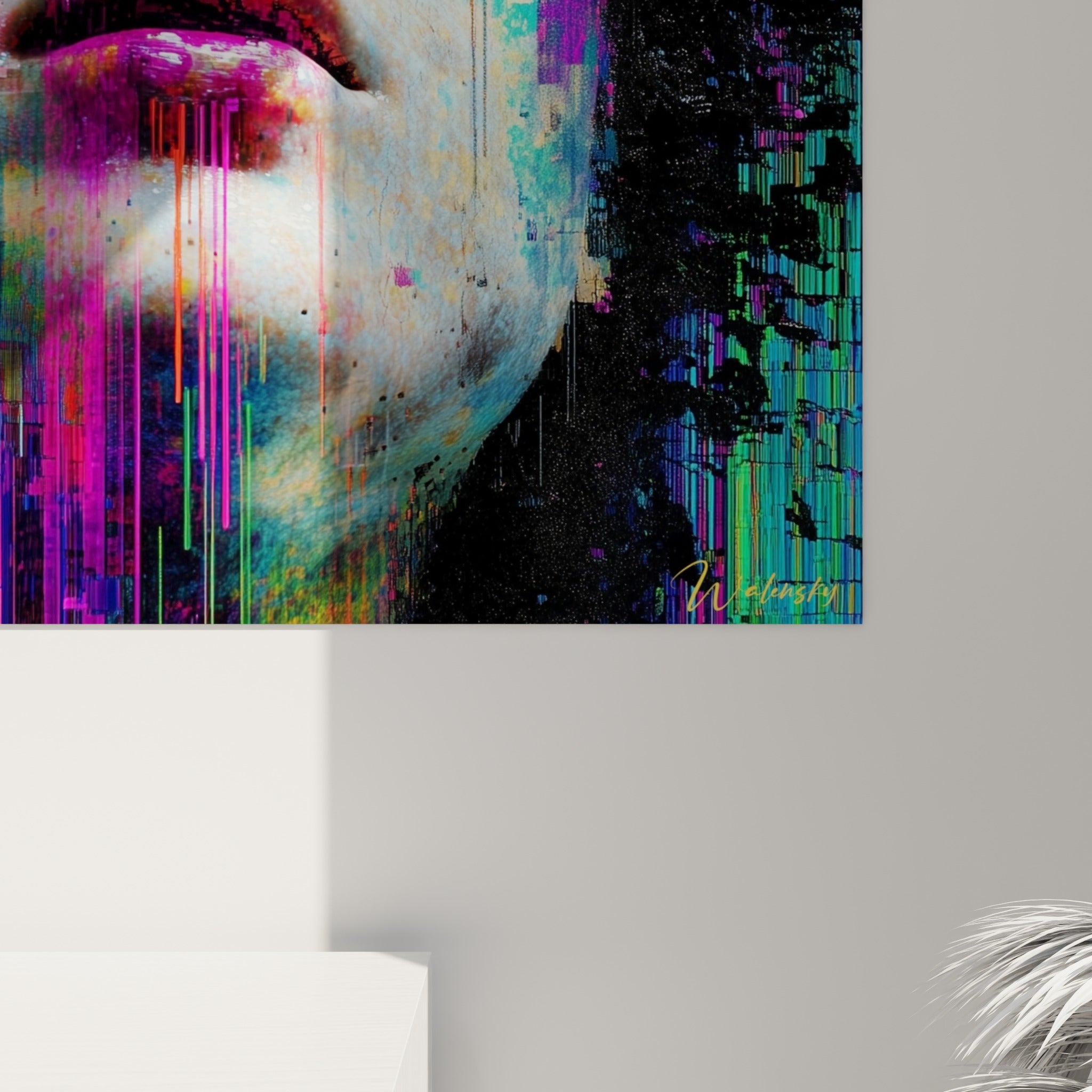 Grain pixelisé et coulures verticales turquoise et rose se mêlant à la peau blanche du visage numérique