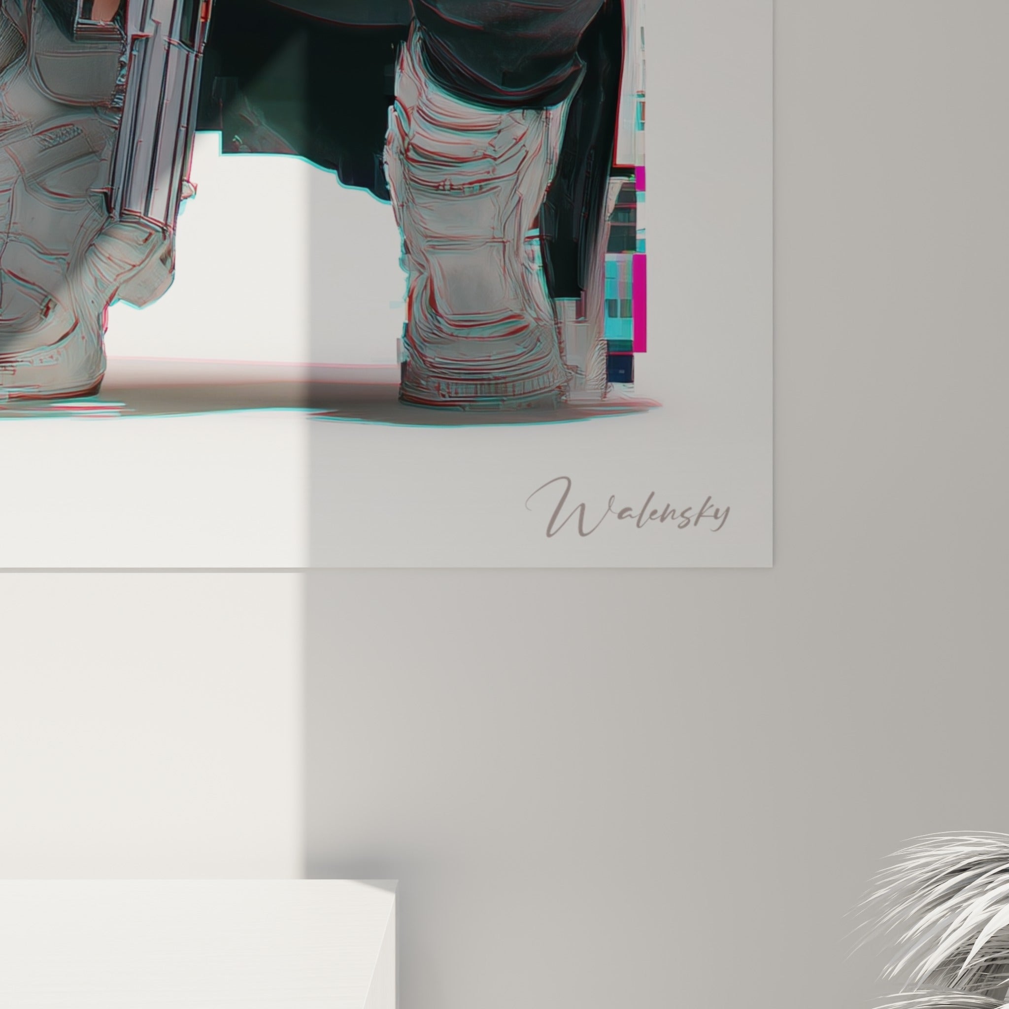 Détails du grain numérique de ce tableau Cyberpunk, pixels roses et bleus se détachant du gris anthracite